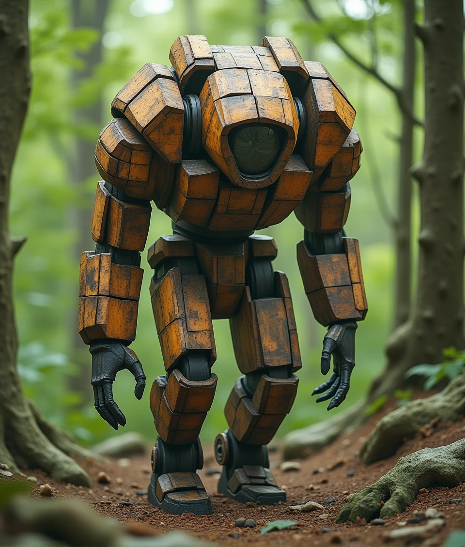 a mecha robot made up of wooden blocks,walking in myth forest