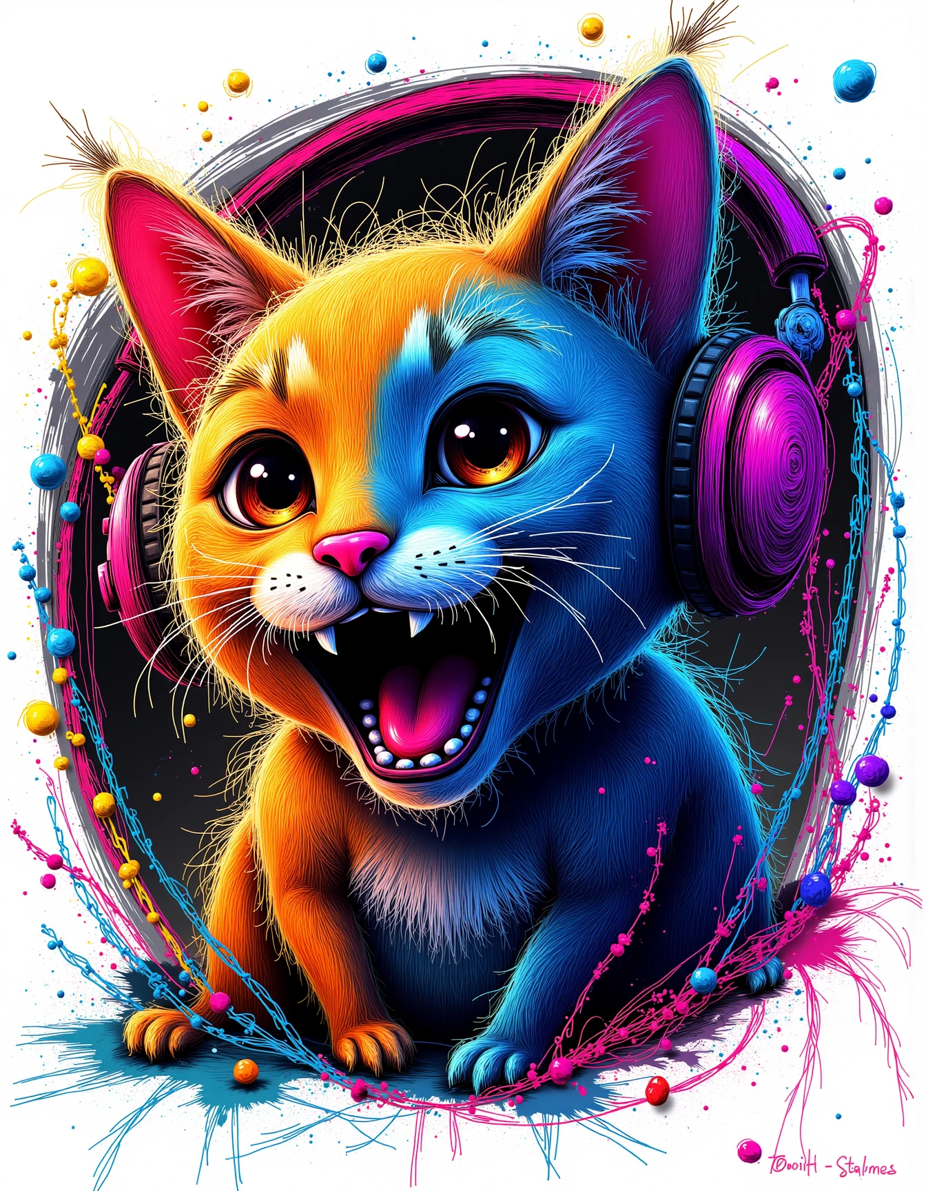 neon line art, drawingvery happy, covered in glitter, acid baby-kitten in giant headphones, with wide open mouth, front view, yu2k  closeup