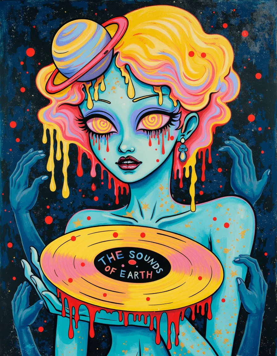 crga, a woman holding a vinyl record with text in the center that says the words "The Sounds Of Earth", black red outline around dripping eyes, yellow pink spiral eyes, red stars, pink dots, blue yellow skin, yellow pink gold hair, planet on head with ring, gold dots, dark blue painted bckground with grey speckle, floating hands, body dripping down from upper torso, 