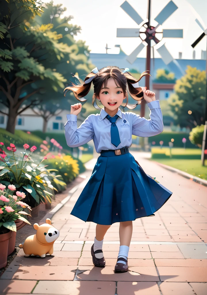 <lora:thai_uniform:1> chibi,bokeh,anime,1girl,cute face,blue necktie, collared shirt, long sleeves, blue skirt, brown hair, twintails, socks, shoes,Jump ,windmill, in a garden,playing with small hippo,dymamic angle