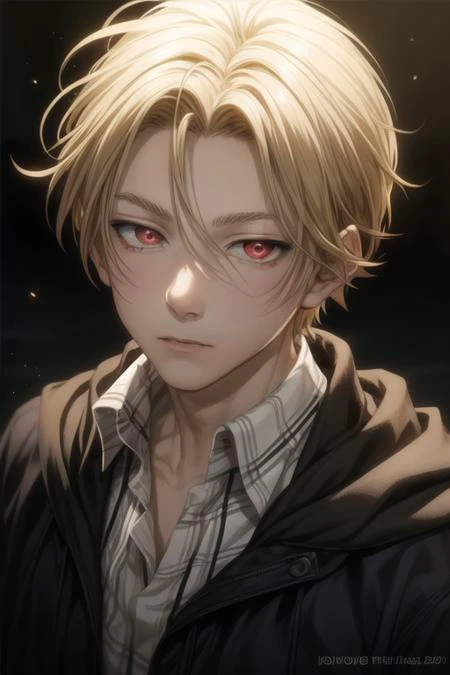 masterpiece, best quality, high quality, 1boy, solo, male focus, looking at viewer, upper body, <lora:king_of_despair:0.66>, king_of_despair, red eyes, blonde hair, hair between eyes, realistic,