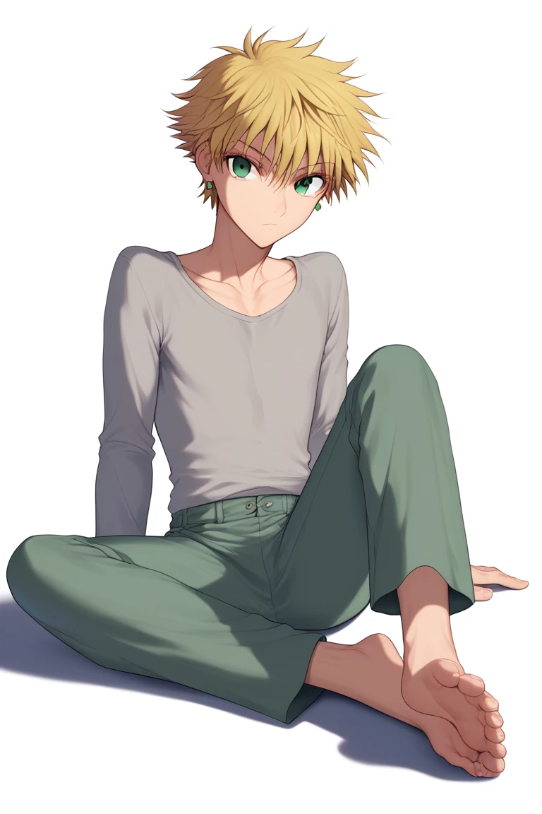 score_9, score_8_up, score_7_up, score_6_up, score_5_up, meimoneStyle, 1boy, androgynous, barefoot, blonde hair, collarbone, dorsiflexion, earrings, eyelashes, feet, green eyes, grey pants, grey shirt, hair between eyes, highres, hunter x hunter, jewelry, kurapika, long sleeves, looking at viewer, male focus, meimone, on ground, pants, shadow, shirt, short hair, simple background, sitting, soles, solo, toes, white background