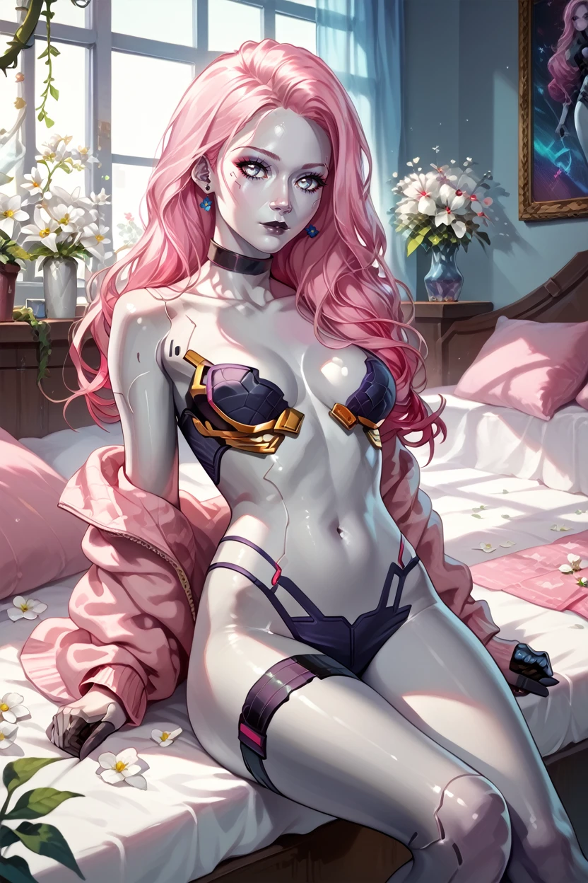 score_9, score_8_up, score_7_up, score_6_up
<lora:CyberLizzy:0.9>
CyberLizzy, 1girl, silver skin, android, white eyes, long hair, pink hair, cyberpunk, looking at viewer, indoors, overgrowned, bedroom, flowers, white flowers, vines