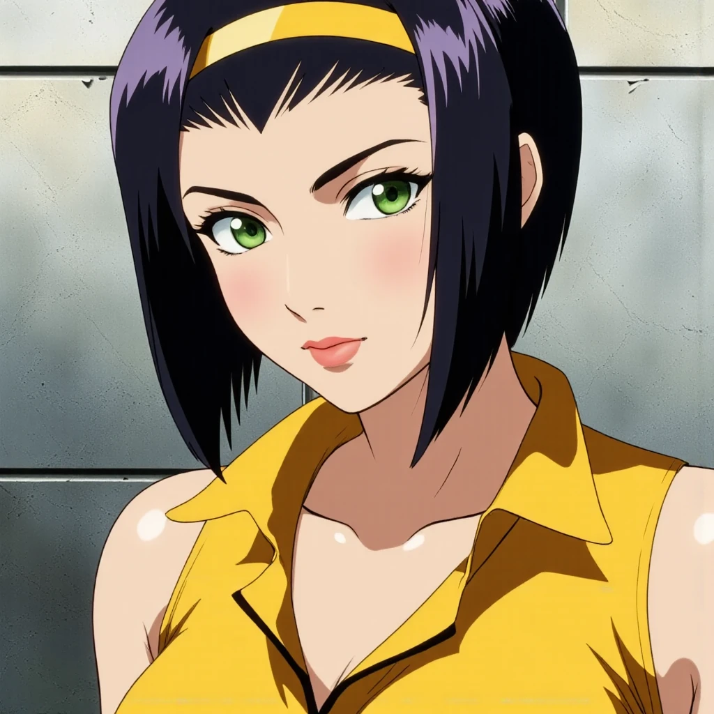 fayev, a woman with green eyes wearing a yellow shirt, standing in front of a wall. She appears to be from the anime series Ghost in the Shell, as indicated by the title of the image, professional, 4k, highly detailed,