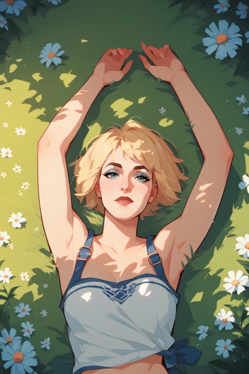 score_9, score_8_up, score_7_up, score_6_up
<lora:CyberMisty:0.8>
CyberMisty, 1girl, blonde hair, looking at viewer, lying in a field of wildflowers, arms stretched out, sun shining through the clouds, soft and warm lighting, peaceful and nature-connected feeling