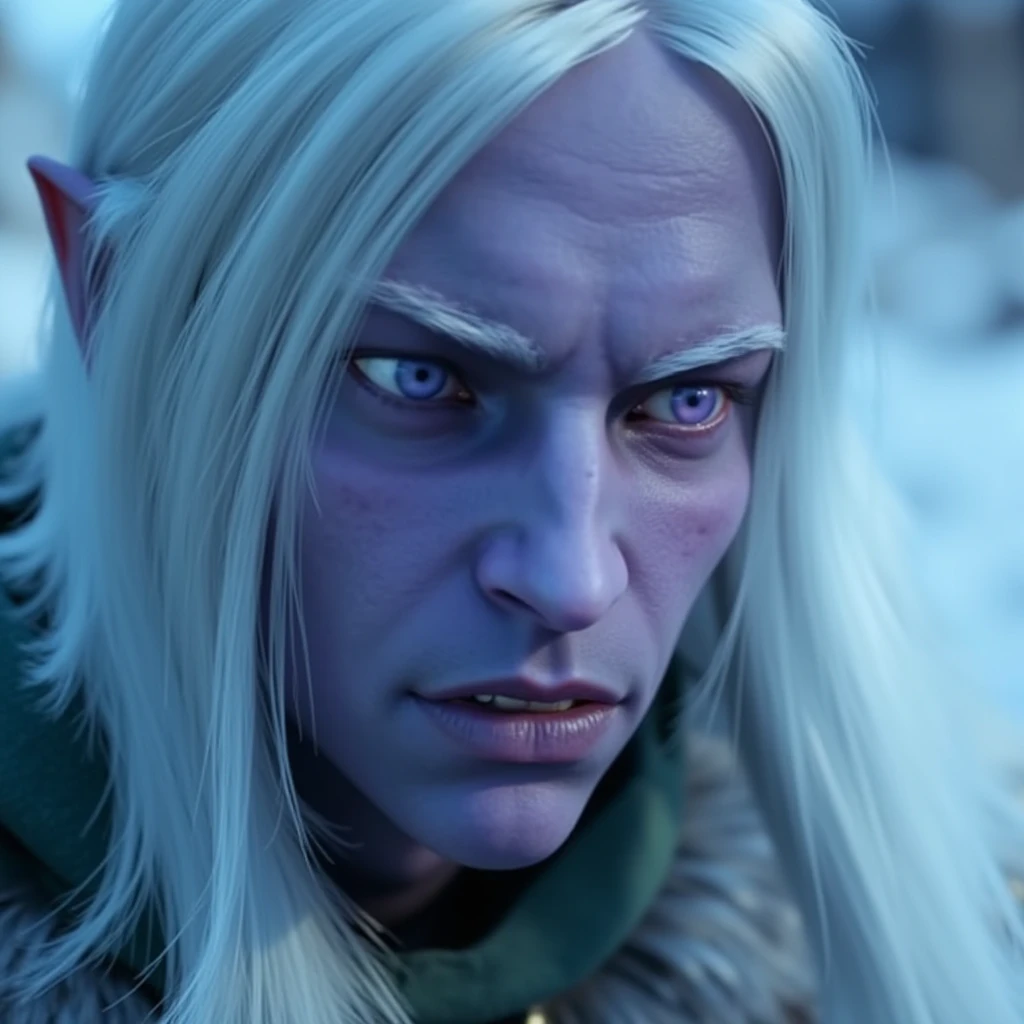 Dr1zzt The image is a highly detailed CGI rendering, showcasing a close-up of a fantasy character with an otherworldly appearance. The subject is a elf. The character's expression is intense, suggesting focus or determination.

The background is blurred, but hints of a snowy or icy landscape can be seen, with blue and white hues dominating the scene, creating a cold, wintry atmosphere. 

The lighting in the image is soft yet directional, casting subtle shadows and highlighting the character's features. The CGI technique is highly realistic, with fine details enhancing the texture of the fur and the smoothness of the character's skin.

high resolution, 4k