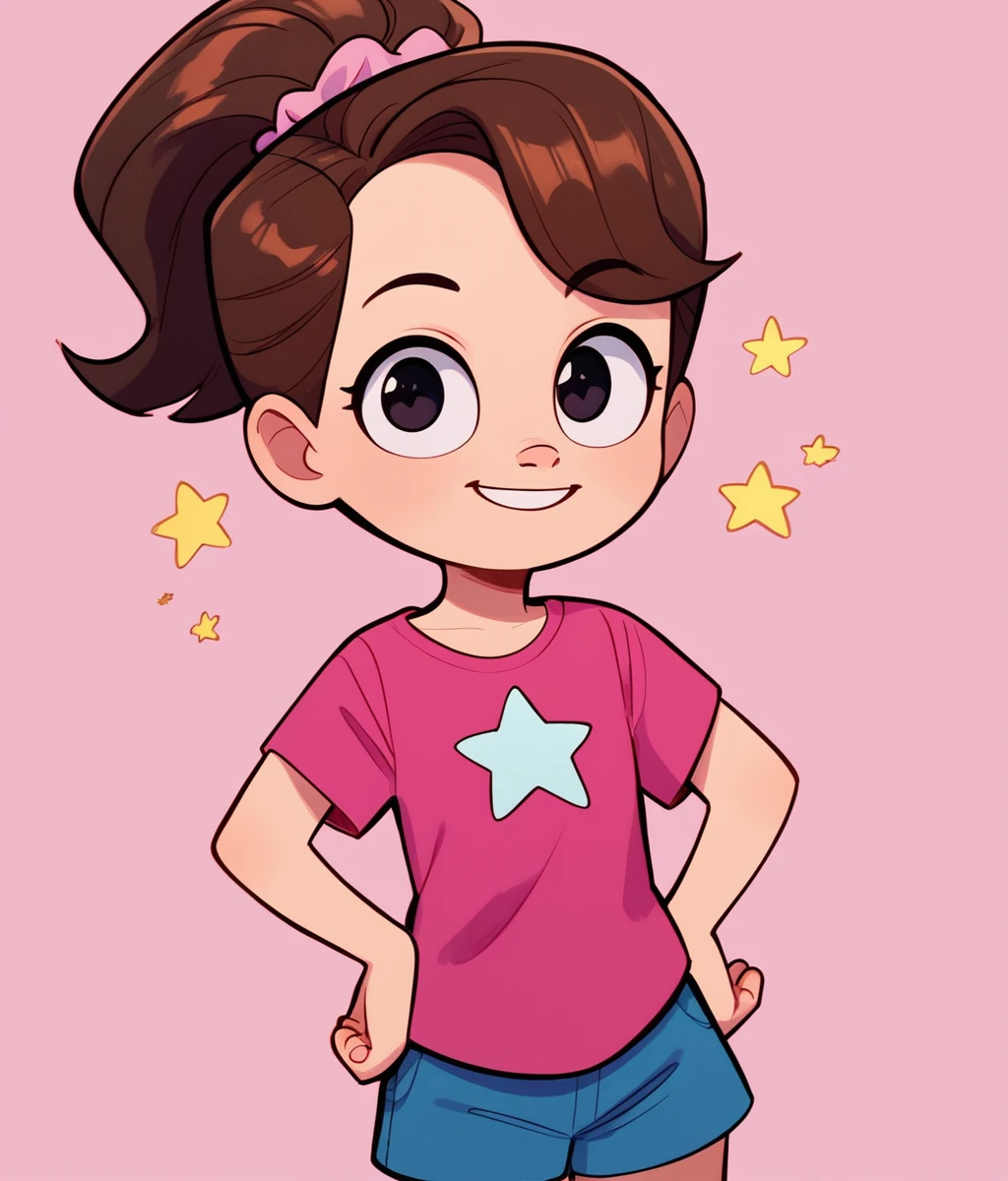 madelinedelaire, brown hair, black eyes, ponytail, <lora:Madeline_Delaire_Emmy_The_Robot:1>, looking at viewer, smile, short+, simple background, 1girl, solo,  blue shorts, pink shirt, star_on_shirt, scrunchie, hands on hips,, score_9, score_8_up, score_7_up, cute,