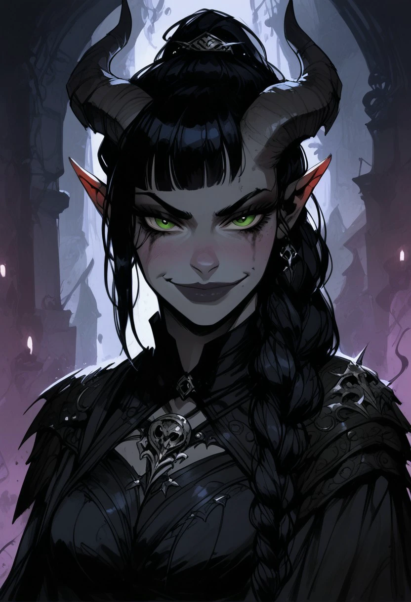 score_9, score_8_up, score_7_up, BREAK, 1woman portrait, beautiful, dramatic lights ((Succubus, Demon Girl, Succub, horns, seductive, seductive look, goth, goth girl, goth makeup, green eyes, wings, bat wings grey skin, grey colored skin, black hair, long braided ponytail, bangs, side bangs, happy, smug))
<lora:Fant5yP0ny:0.6> <lora:fantasy_world_pony:0.9>
<lora:Cherry-Gig:0.55>