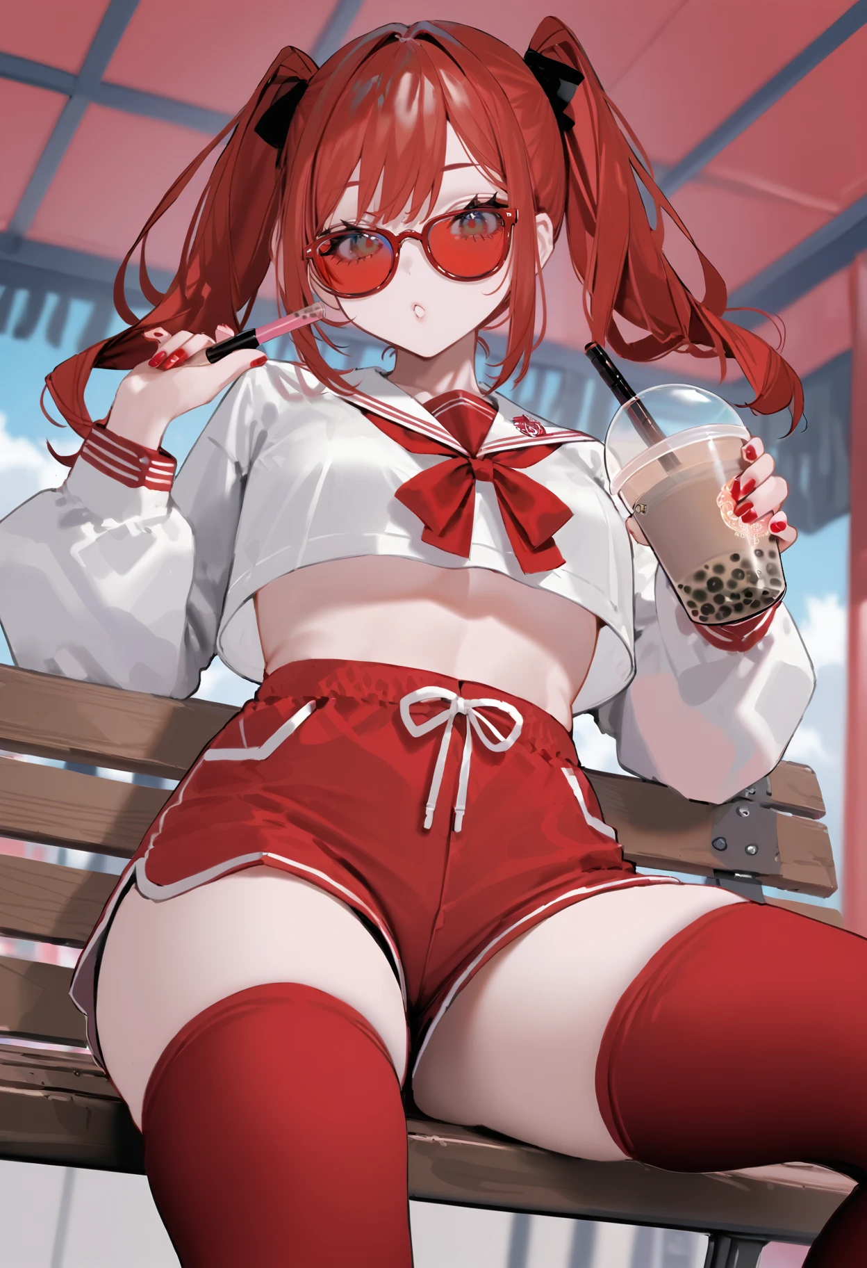 score_9, score_8_up, score_7_up, best quality, source_anime BREAK, BEBEstyle, 1girl, red hair, twintails, serafuku, holding bubble tea, black and red theme, crop top, short shorts, long sleeves, thighhighs, red sunglasses, sitting on bench, from below, BREAK depth of field, (fisheye:1.2), <lora:BeBe:1>,