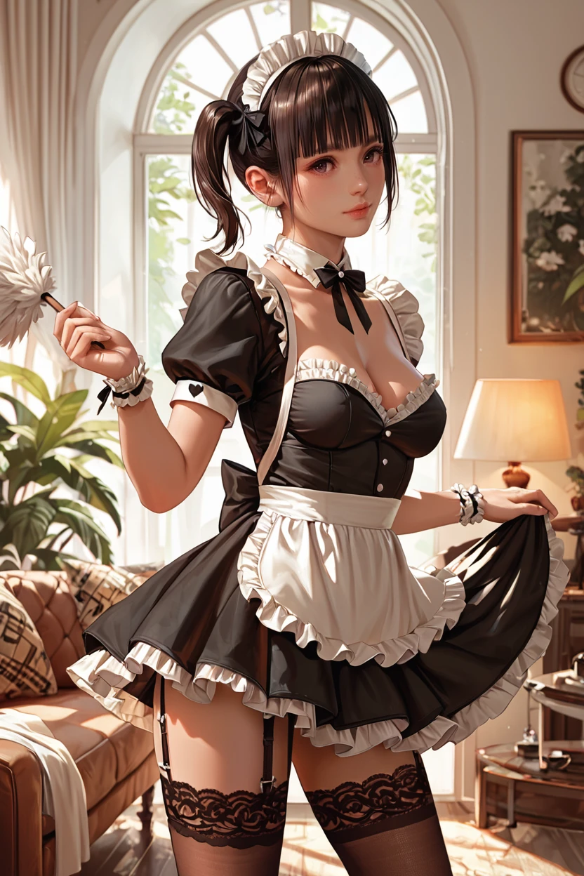 <lora:doa_koharu:0.9> koharu, maid uniform, living room, feather duster, lace stockings, garter belt, score_9, score_8_up, score_7_up, zPDXL3