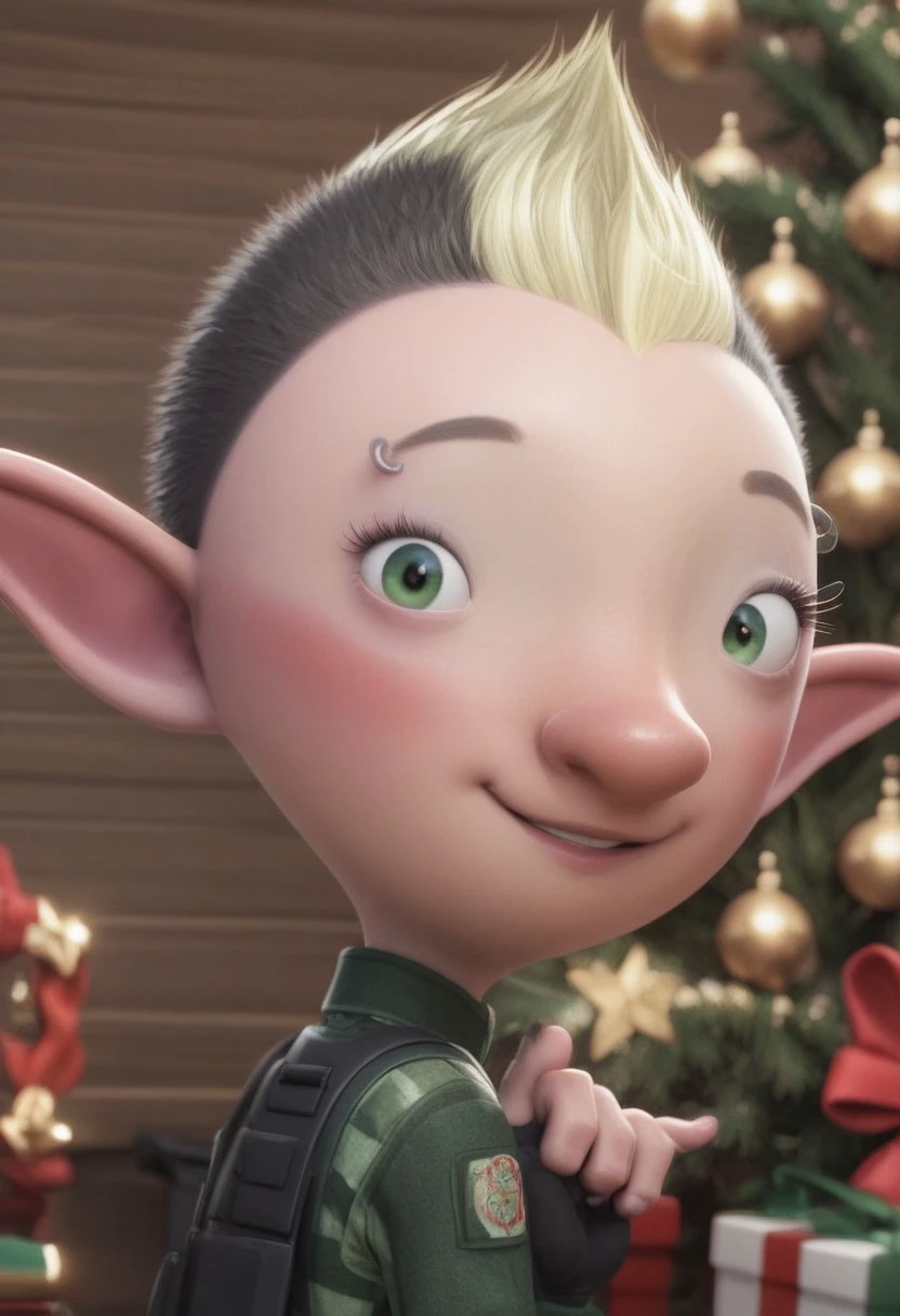 Bryony Shelfley, 1girl, elf, female elf, petite, black short hair, blond mohawk, pointy ears, elf ears, fingerless gloves, miliary uniform, black boots, piercing on right eyebrow, green eyes, small eyes, big nose, blush, score_8_up, score_7_up, BREAK, 1girl, solo, looking at viewer, cute, smiling, smug, from behind, looking back, female focus, looking at viewer, christmas tree on background, detailed background, 4k, masterpiece, best quality, highly detailed, 3d, full shot