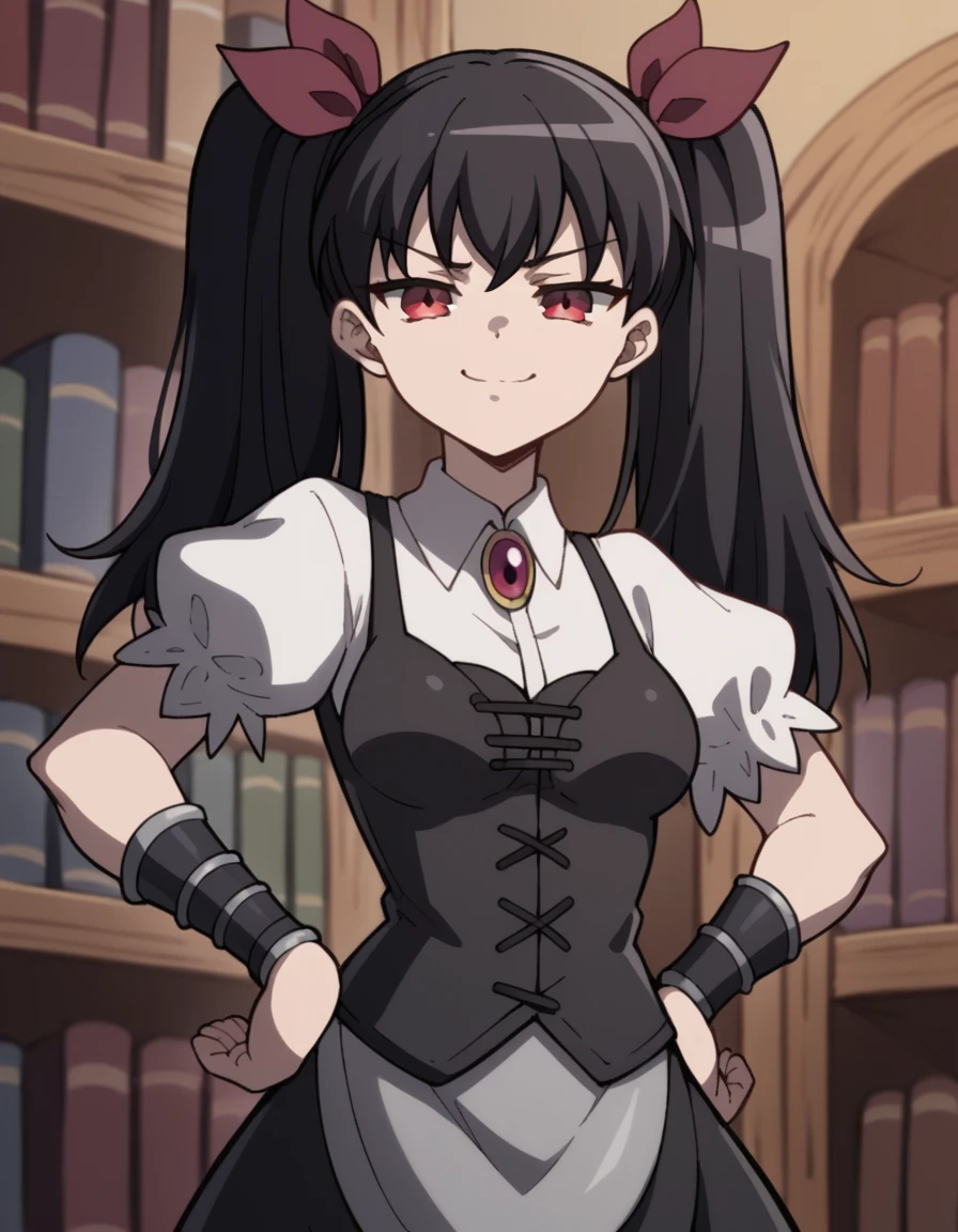 score_9, score_8_up, score_7_up, source_anime, <lora:handyman-liliza-s1-ponyxl-lora-nochekaiser:1>, liliza, long hair, black hair, red eyes, ribbon, twintails, hair ribbon, medium breasts,, short sleeves, puffy sleeves, jewelry,, bookstore, browsing shelves, new book smell, finding a favorite, quiet atmosphere, smile, looking at viewer, smug, hands on hips,, solo,, cowboy shot, dutch angle