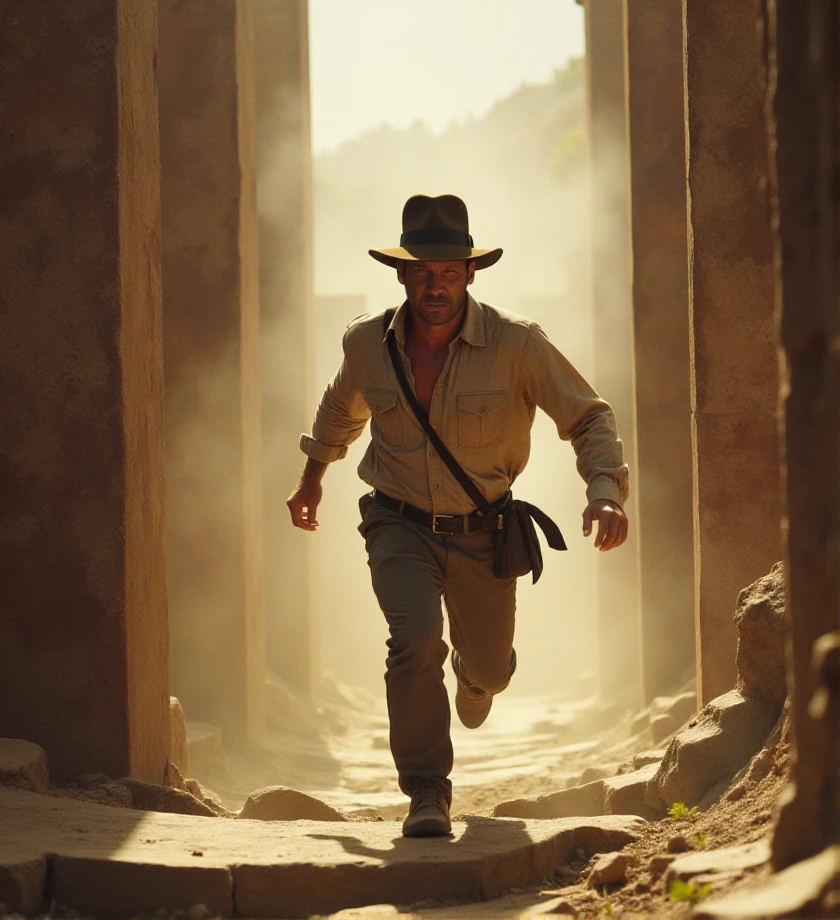 80mm lens. F2.8. . photography. f/2.8 , bokeh, outdoor,, <lora:indiana-jones-flux-a4nh8:1.2> a4nh8, man, races through the collapsing temple, leaping across ruins as the walls close in tighter and tighter, Indiana Jones Style