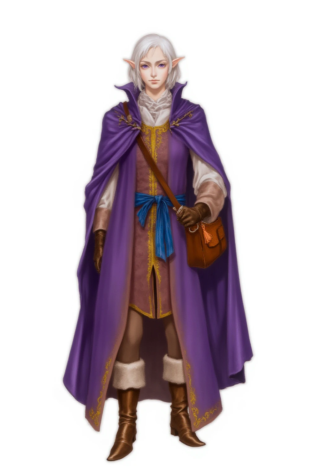 full body medieval fantasy character of a female elf, 1girl,   simple background, white background,  an elf with distinct elven features, Slender and Graceful,  The elf has fair skin, bobbed, long white hair and pointed ears,  and she has expressive purple eyes with a slight upward tilt, giving her a gentle, serene appearance,    a female elf Bard musician adventurer dressed in medieval-style attire, with a mix of practical and elegant elements, dressed in a long, flowing purple and gold robe that drapes over their shoulders,  with a deep purple cape that flows behind them,  The robe has intricate gold trim and a blue belt around the waist,  They wear brown leather boots and brown leather gloves,  and fur-trimmed leggings, A brown leather satchel is slung over their left shoulder, with a small, orange tassel hanging from it,