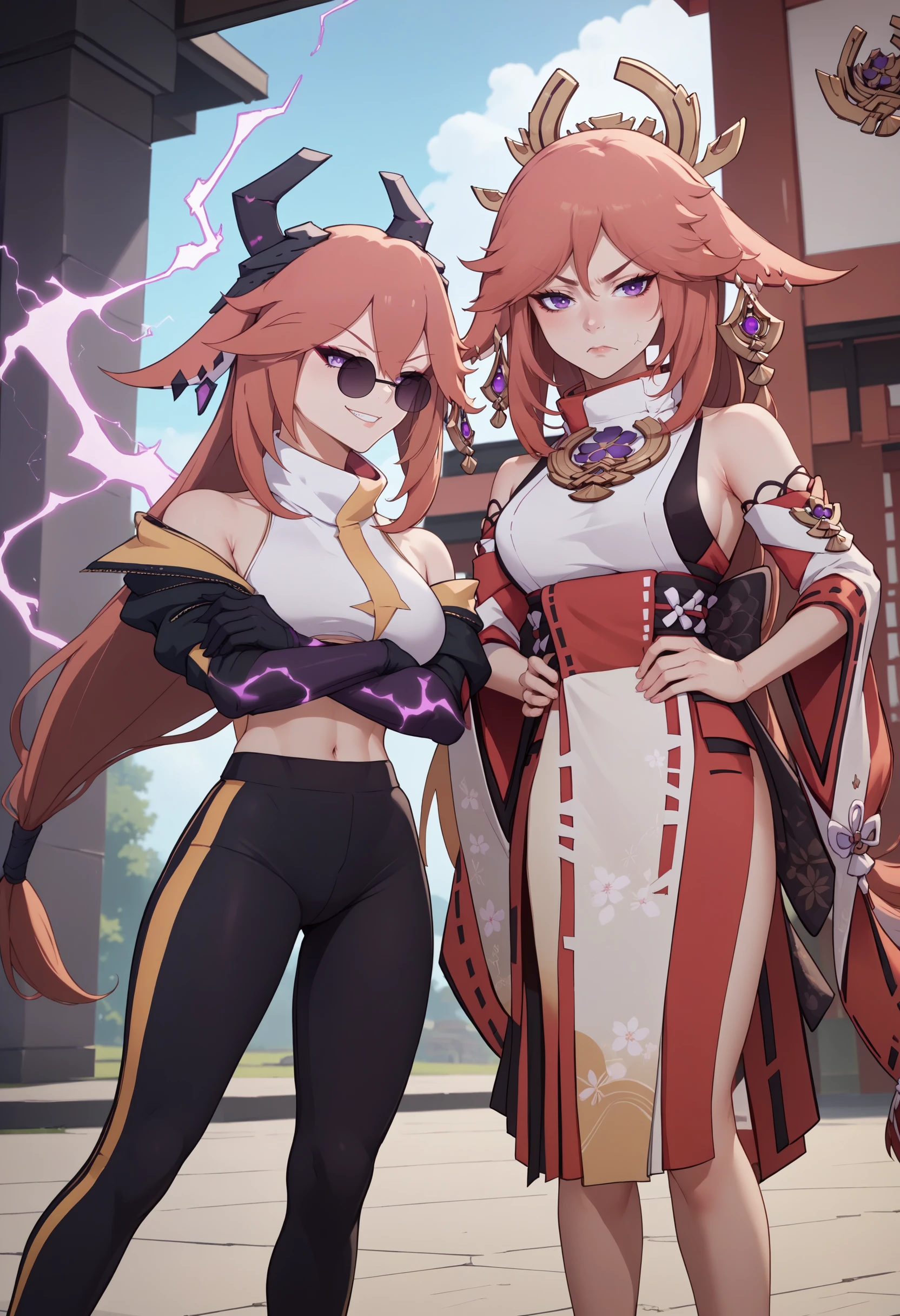 score_9, score_8_up, score_7_up, 2girls, multiple girls, looking at another,
BREAK, <lora:YaeMikoProgenitor_pdxl_Incrs_v1:1>, yaemiko, pink hair, long hair, purple eyes, hair between eyes, fox ears, large breasts, earrings, jewelry, headgear, horns, sunglasses, pince-nez, 
turtleneck, crop top, bare shoulders, black jacket, cropped jacket, midriff, black gloves, black sleeves, black track pants, tight pants, smirk, outdoors, electricity, purple electricity, aura, dark aura, standing, crossed arms, 
BREAK yae miko, annoyed, hands on own hips, kimono, nontraditional miko, bare legs,