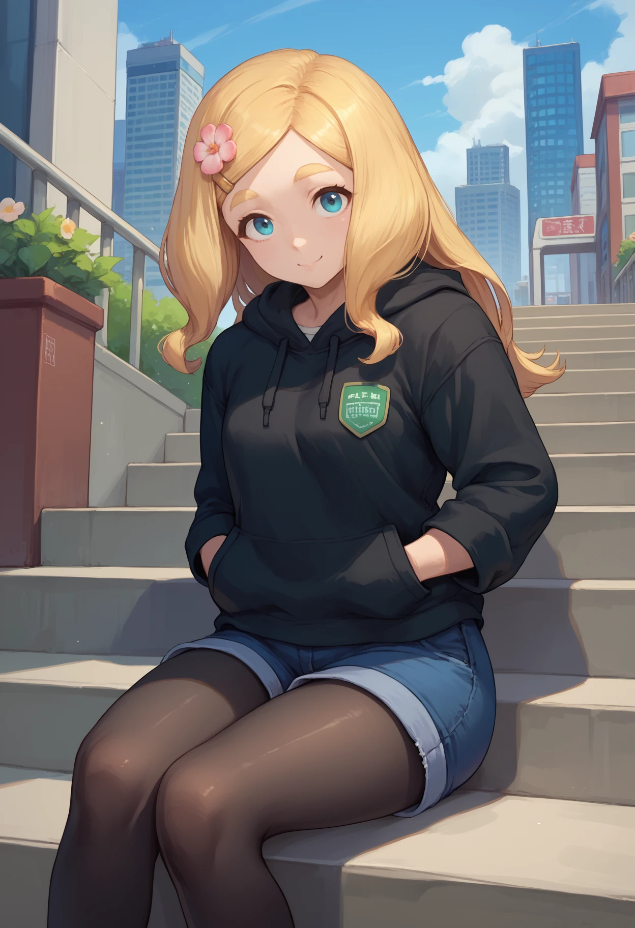 score_9, score_8_up, score_7_up, <break> solo, 1girl, shinonome megu, smile, looking at you, sitting, stairs, hands in pockets, long hair, blonde hair, parted bangs, hair flower, hairclip, blue eyes, thick eyebrows, black hoodie, blue shorts, denim shorts, black pantyhose, outdoors, city
<segment:yolo-face_yolov8m.pt,0.4,0.5//cid=1>