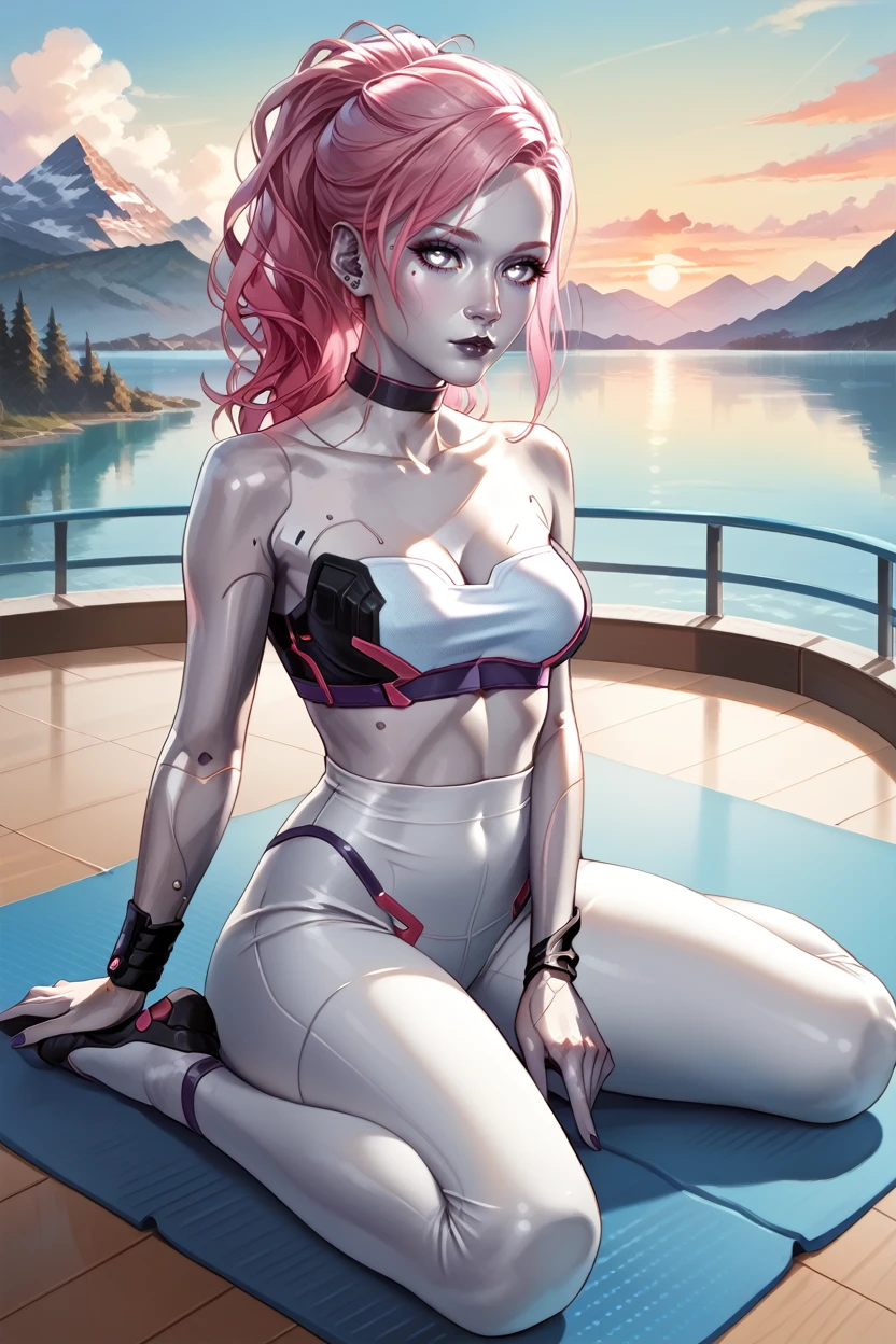 score_9, score_8_up, score_7_up, score_6_up
<lora:CyberLizzy:0.9>
CyberLizzy, 1girl, silver skin, android, white eyes, long hair, pink hair, cyberpunk, looking at viewer, sitting cross-legged on a yoga mat, meditating, sunrise over a mountain lake in the background, mist rising from the water, serene and focused atmosphere