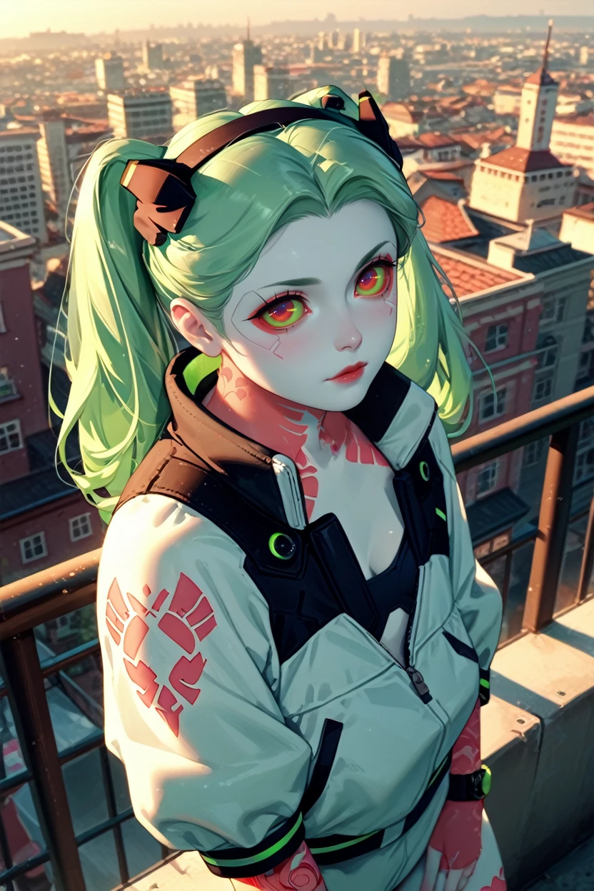 score_9, score_8_up, score_7_up, score_6_up
<lora:ERRebecca:0.8>
ERRebecca, 1girl, green hair, twin tails, red pupils, colored sclera, white skin, red tattoo, looking at viewer, overlooking the city from a rooftop bar at night, chic outfit, standing