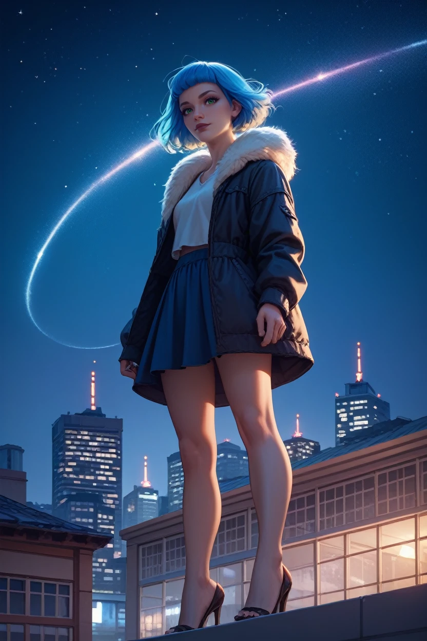 score_9, score_8_up, score_7_up, score_6_up
<lora:CyberEvelyn:0.8>
CyberEvelyn, 1girl, blue hair, short hair, green eyes, blunt bangs, looking at viewer, standing on a rooftop at night, city lights twinkling below, wind gently blowing hair, starry sky above, mysterious and enchanting ambiance