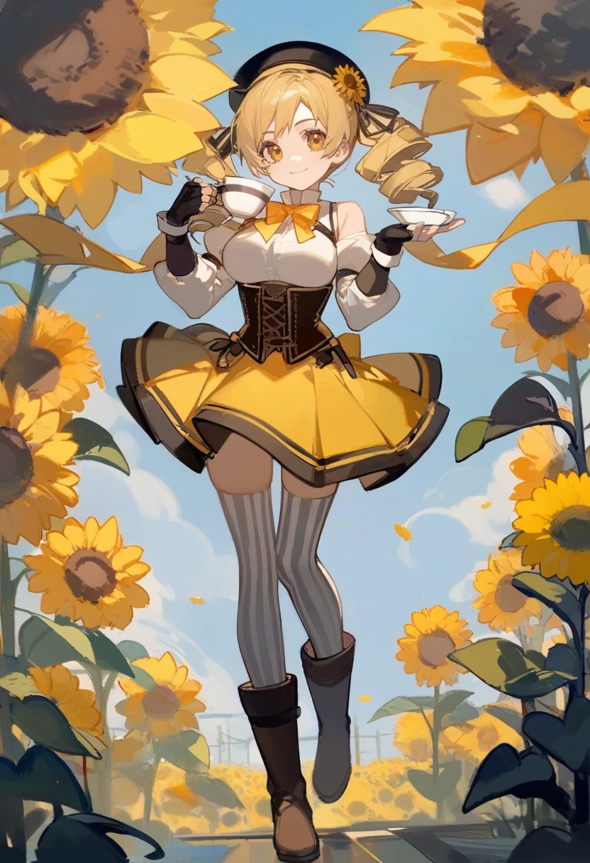 ciloranko, ishikei,
tomoe mami, 1girl, yellow skirt, charlotte (madoka magica), blonde hair, flower, thighhighs, skirt, smile, corset, sunflower, cup, hat, holding, yellow eyes, full body, gloves, long sleeves, drill hair, striped, holding cup, breasts, puffy sleeves, twin drills, yellow flower, black headwear, fingerless gloves, shirt, looking at viewer, brown footwear, teacup, striped thighhighs, boots, closed mouth, white shirt, beret, black gloves, bow, bangs, detached sleeves, solo, pleated skirt, hair ornament, yellow ribbon, ribbon, bowtie, vertical stripes, zettai ryouiki, neck ribbon, yellow bow, twintails, magical ????, black footwear, large breasts