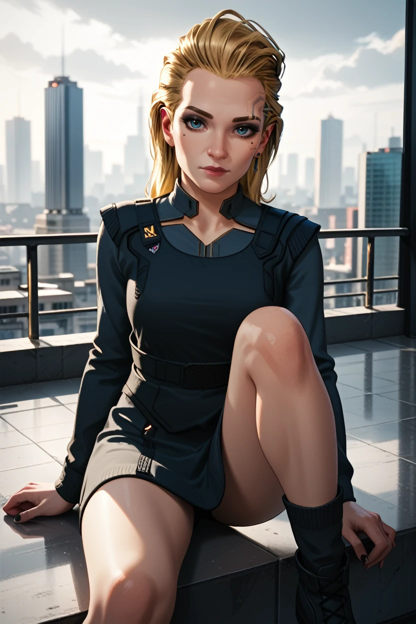 score_9, score_8_up, score_7_up, score_6_up
<lora:CyberMeredith:0.8>
CyberMeredith, 1girl, blonde hair, looking at viewer, sitting on a windowsill, one leg bent, one hand resting on the knee, city skyline at dusk in the background, moody and reflective ambiance