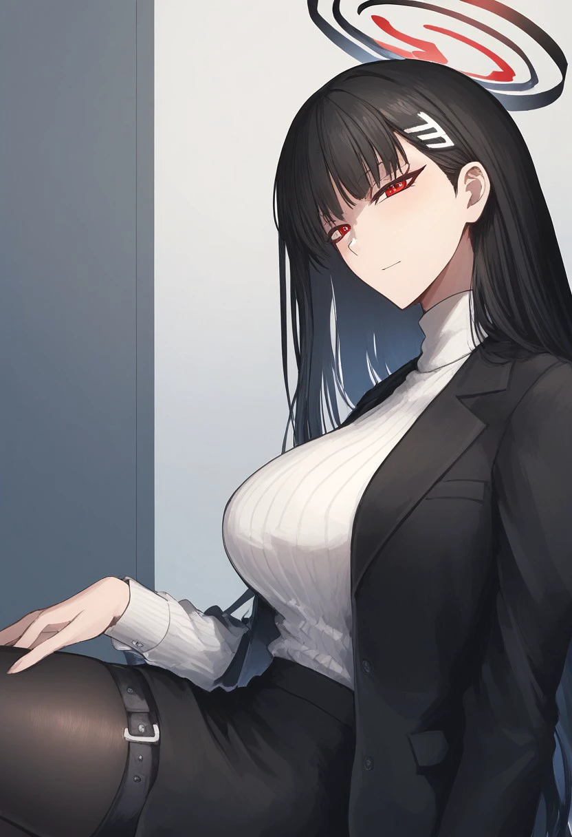 1girl, long black hair, grey eyes, wearing business suit, looking at viewer, 5 fingers, black tie