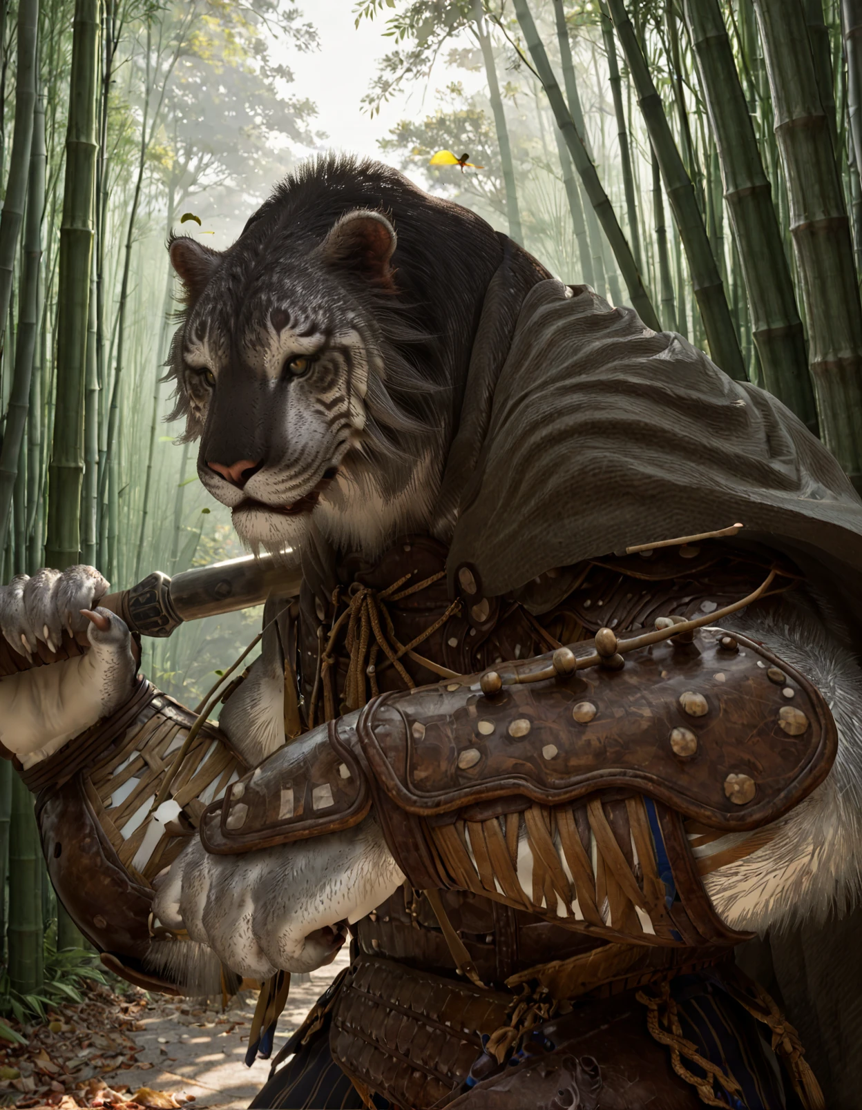 yinhu, tiger, solo, anthro, male, brown cape, leather armor, vambrace, striped pants, three-quarter portrait, holding broadsword, weapon on shoulder, yellow eyes, beard, (bamboo:1.2), nature background, mane hair, falling leaves, detailed background, natural lighting, under shade, looking at viewer, close shot,
<lora:BlackMythYinHu_1.0.18:1>