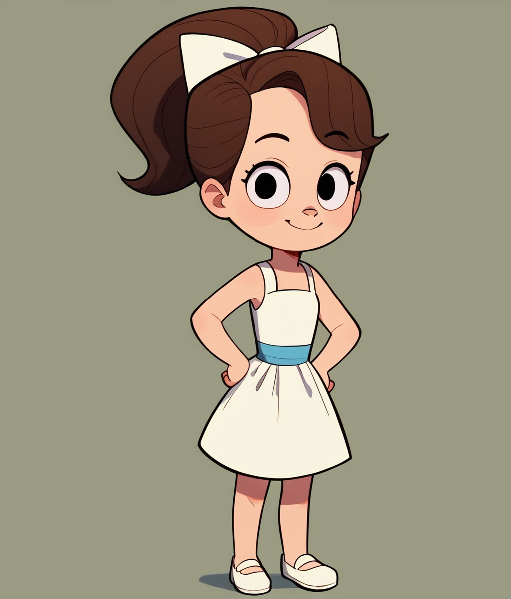 madelinedelaire, brown hair, black eyes, ponytail, <lora:Madeline_Delaire_Emmy_The_Robot:1>, looking at viewer, smile, short+, simple background, 1girl, solo, white dress, sleeveless dress, white bow, ribbon, white shoes, hands on hips,, score_9, score_8_up, score_7_up, cute,