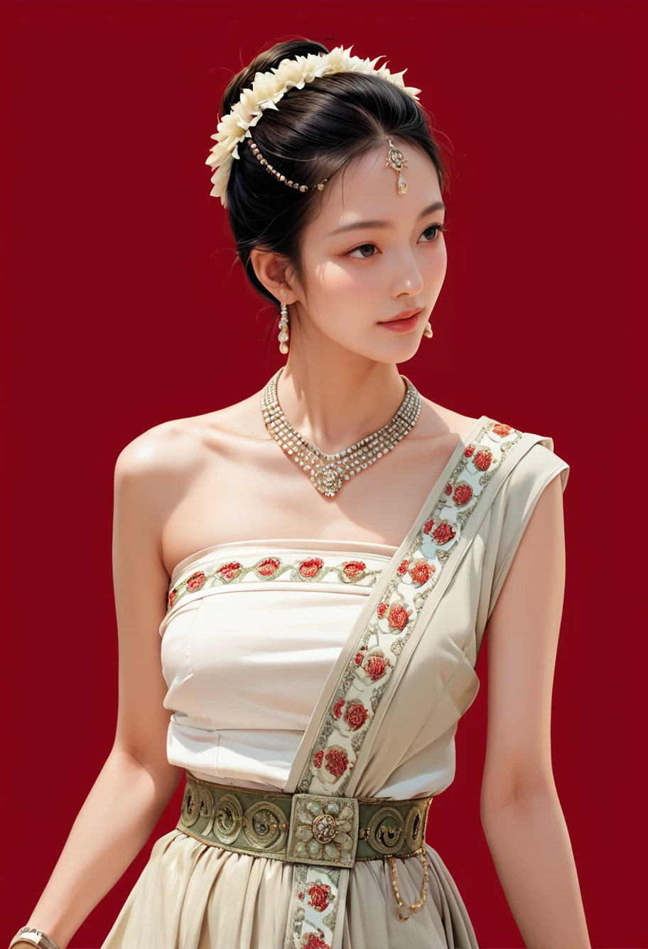 1girl,red background,,ruanyi1012,sari,dress,tube top,necklace,jewelry,bracelet,
cowboy shot,<lora:1012 traditional clothing 1_v1_pony:1>, score_9,score_8_up,score_7_up,,8k,1girl,solo,,