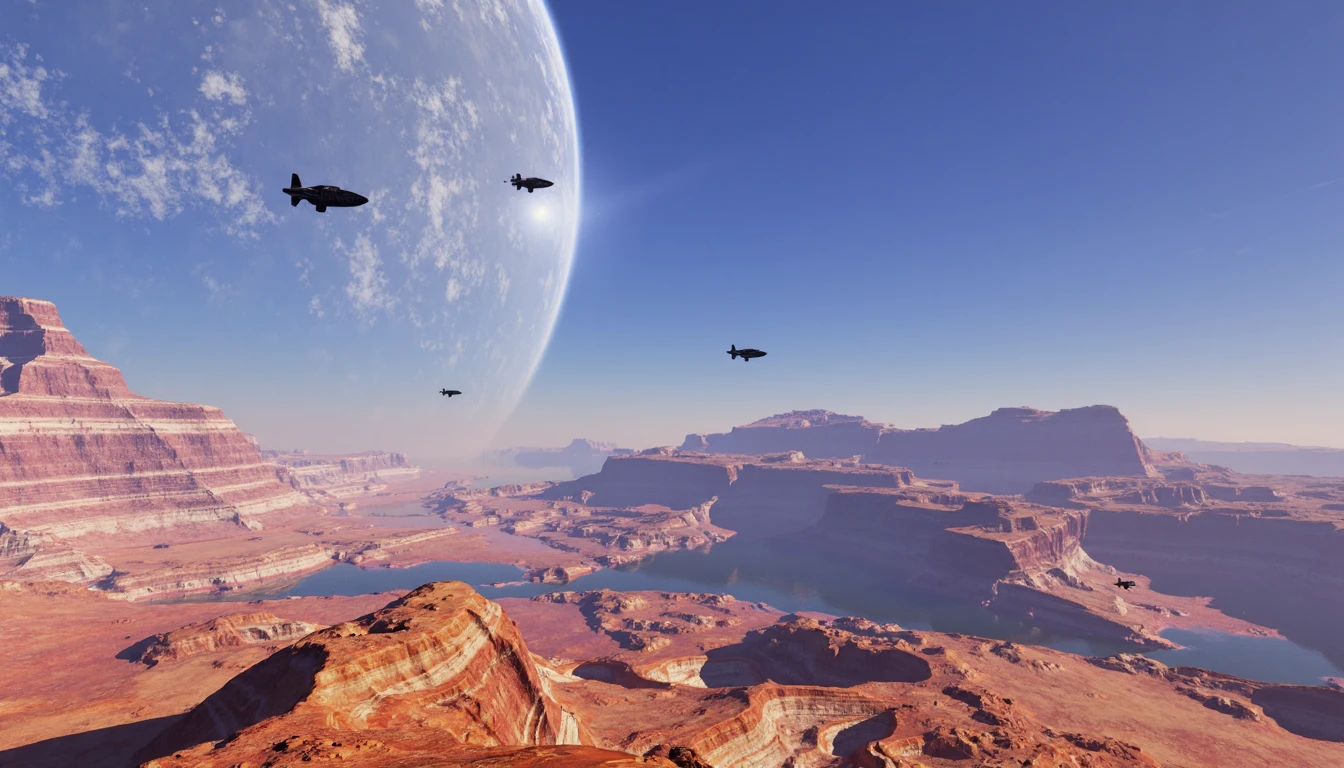 TRGN,3D, space ships flying over a colorful alien landscape