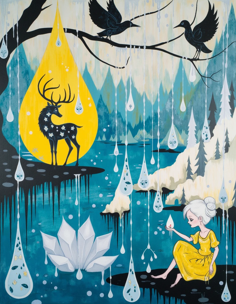 crga, deer, yellow water drip with black outline, black birds with diamonds hanging down on strings, white water drops connected, silhouette of crystals, girl with yellow dress white hair grey bun holding water drop, grey drops with faces, squid resting on white hillside with grey trees, islands, water, layers of dripping blues and whites