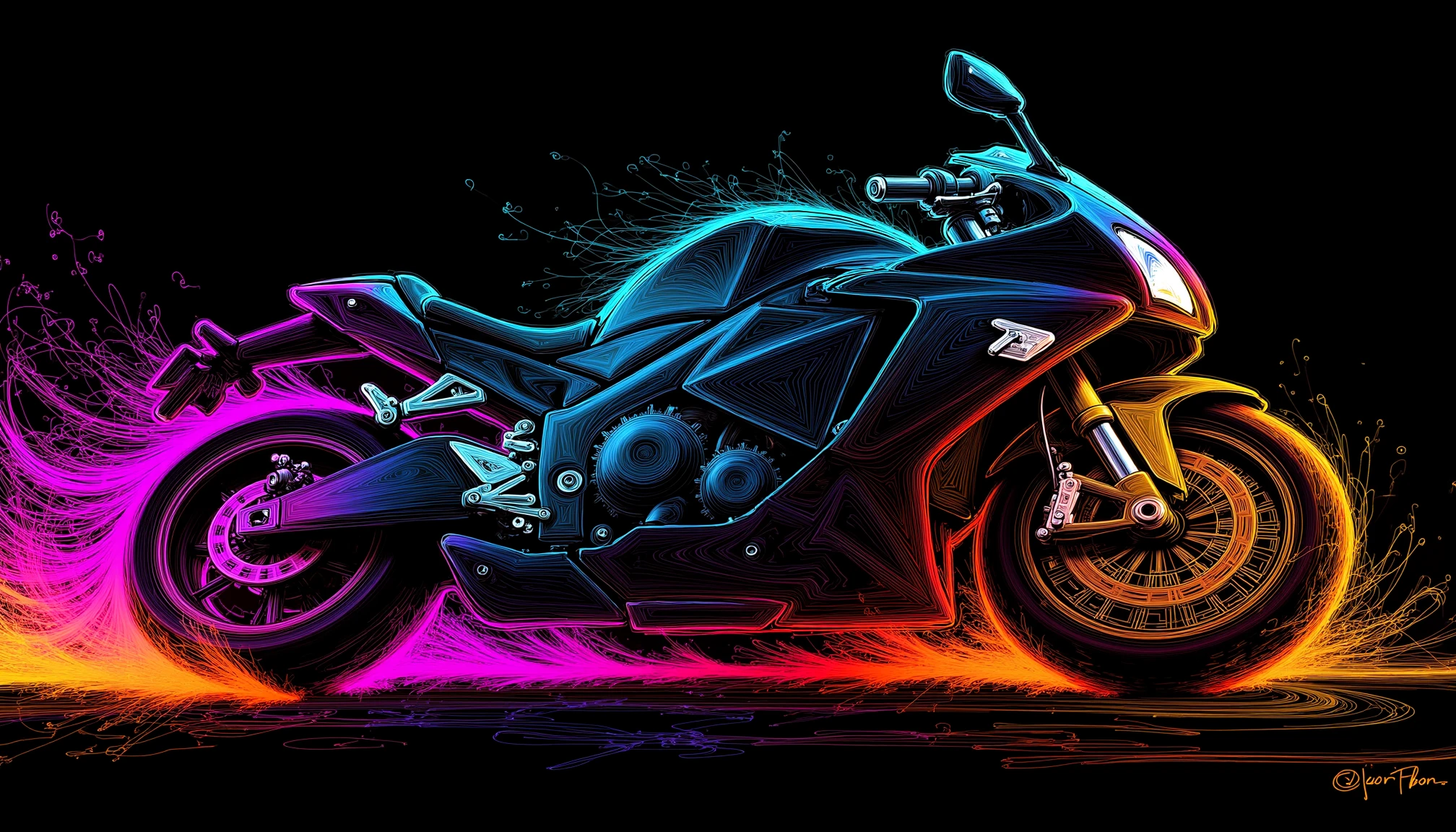 (neon line art, black , detailed realistic drawing:1.35),In a style emphasizing swirling motion trails and geometric dynamics, a digital artwork showcases a sports motorcycle in motion, its lines flowing with energy, each element enveloped in dynamic, geometric patterns. The background pulses with the rhythm of speed and precision, creating an energetic, fast-paced, and dynamic scene that captures the essence of speed, fitness, and the exhilarating interplay between technology and athleticism