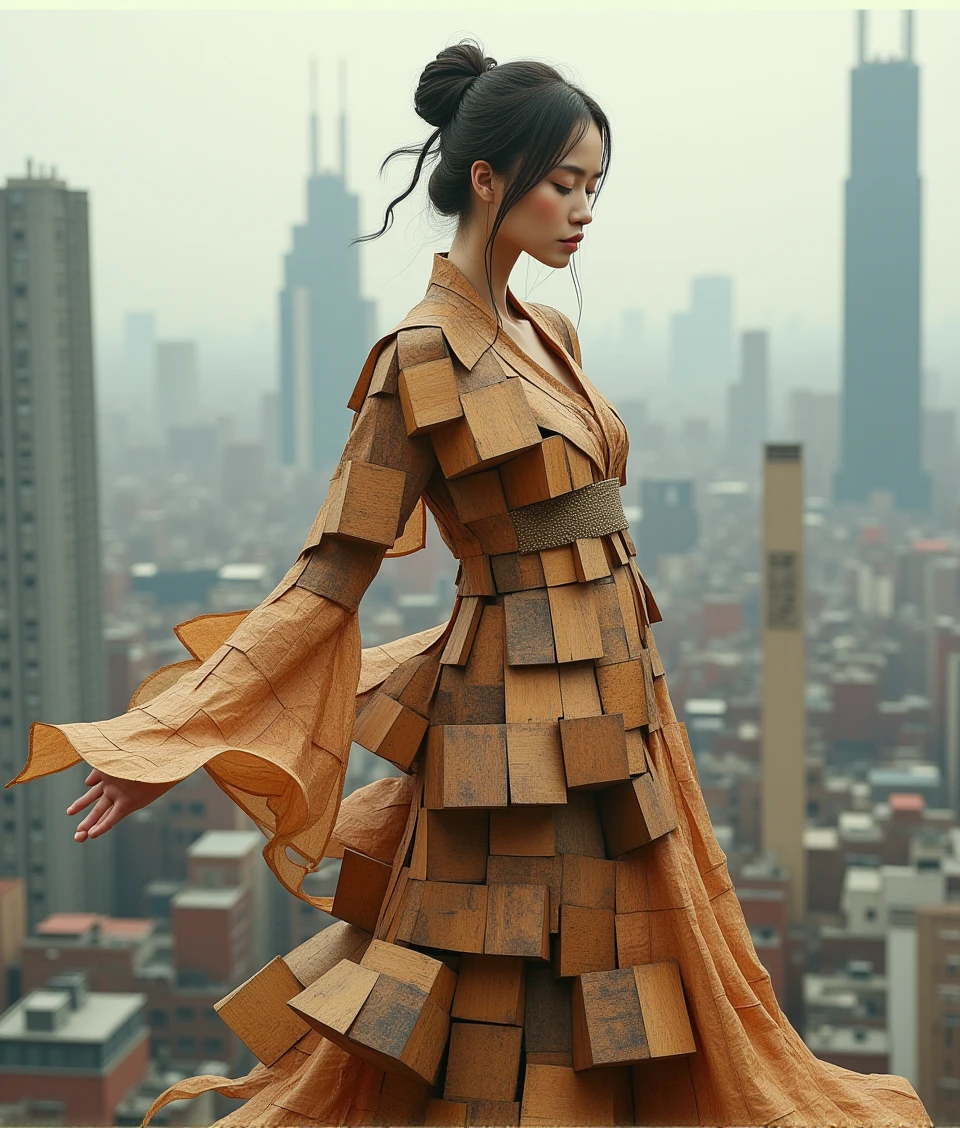 a beautiful chinese woman covered in dress made up of floating wooden blocks and dancing in cityscape,