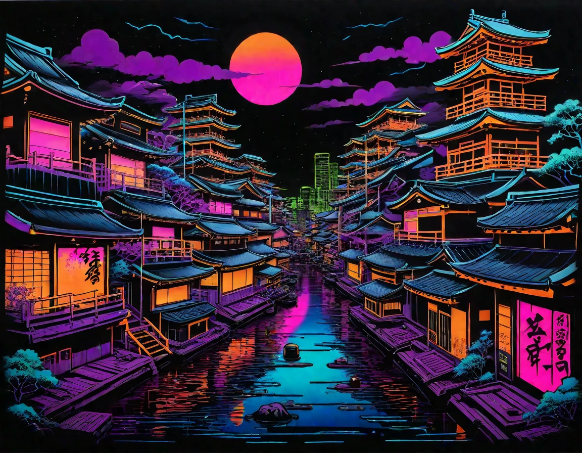 black background, blacklight painting,flat lighting, flat colors,((album cover of a floating japanese city with neon graffiti)),   <lora:Black_Neon_Graffiti_r1:1>