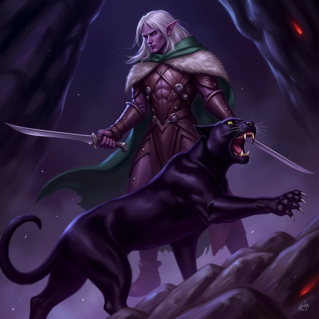 Dr1zzt This is a digital painting depicting a fantastical scene set in a dark, cavernous environment. The central figure is a elf. He holds a sword in each hand, which glimmers with a metallic sheen.

In the foreground, a large, black panther with sharp fangs and a menacing expression is crouched on the ground. Its fur is sleek and glossy, and it appears to be ready to attack. The background is a dark, cavernous space with jagged rock formations and a hint of a glowing light source, possibly a distant fire or magical energy, casting eerie shadows and creating a sense of depth and mystery.

The textures in the painting are highly detailed, with smooth, reflective surfaces on the creature's skin and weapons, and rough, jagged textures on the rocks and the predator's fur. The overall color palette is dominated by dark shades of purple, black, and white, with subtle hints of red and blue, enhancing the mystical and foreboding atmosphere.

high resolution, 4k