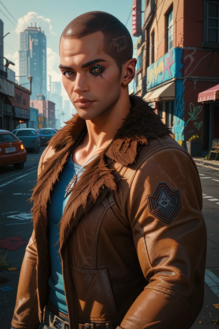 score_9, score_8_up, score_7_up, score_6_up
<lora:CyberRiverWard:0.8>
CyberRiverWard, 1boy, buzz cut, brown eyes, mechanical eye, looking at viewer, Urban street scene with vibrant graffiti murals, model in stylish attire