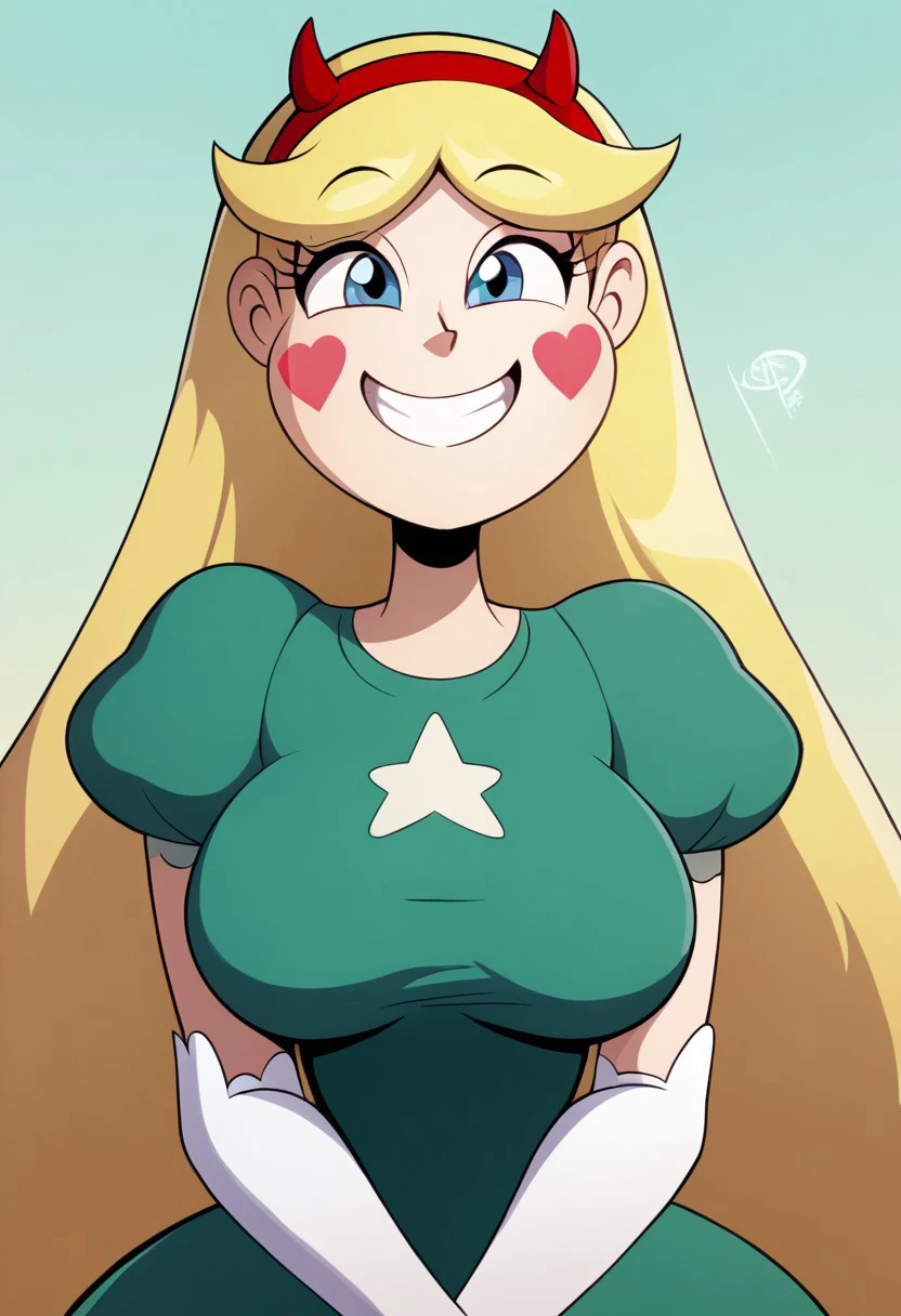 Starbutterfly, fake horns, 1girl, solo, blonde hair, horned headwear, hairband, long hair, blue eyes, heart, facial mark, blush stickers, nude, stockings, thigh high stockings, black and red striped stockings, gloves, elbow length gloves, red gloves, boots, high heel boots, green boots, visible pussy, precise hands,score_9, score_8_up, score_7_up,score_6_up, score_5_up, score_4_up, BREAK hah_dd, gigantic_breasts, nipples, areola, curvy, wide_hips, thick_thighs, 1girl, dim_lighting, backlighting, sex, lesbian sex,young, girl, poledancing