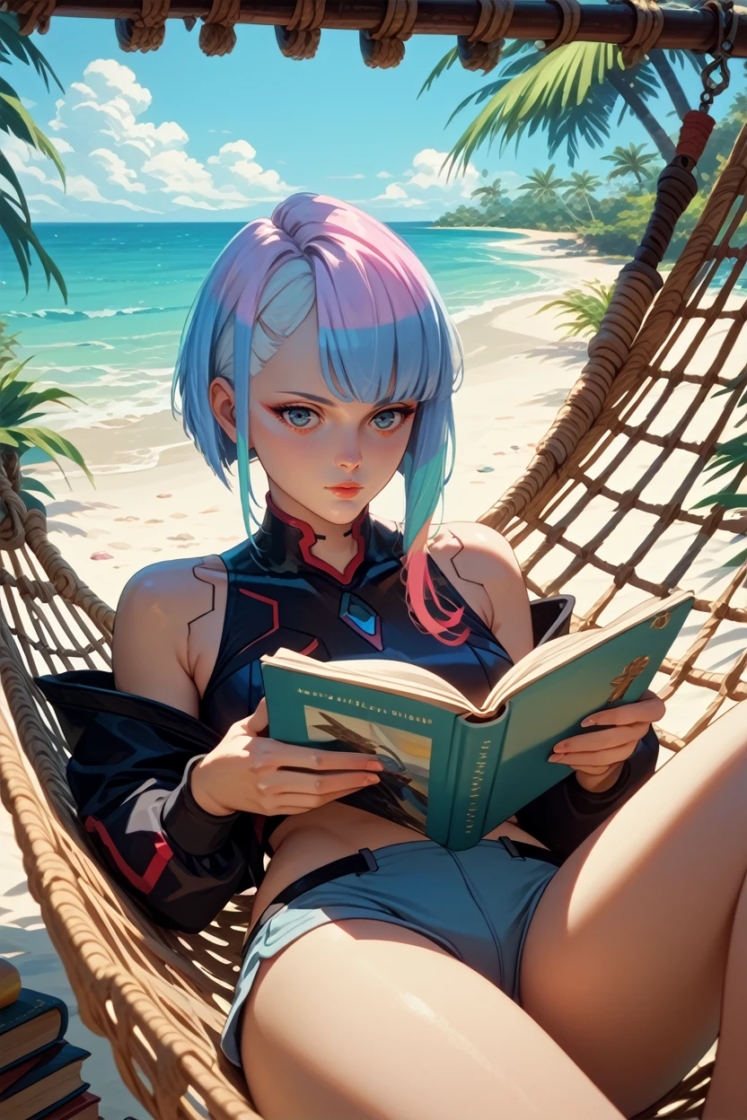 score_9, score_8_up, score_7_up, score_6_up
<lora:ERLucy:1.0>
ERLucy, 1girl, multicolored hair, asymmetrical hair, looking at viewer, laying in a hammock, reading a book, tropical beach with palm trees swaying, clear blue sky and ocean, tranquil and leisurely setting