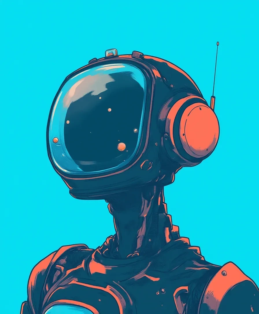 a robot, blue background, LNTP illustration style