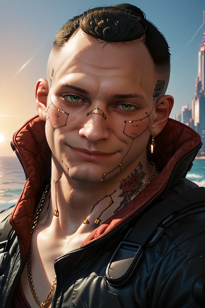 score_9, score_8_up, score_7_up, score_6_up
<lora:CyberJackie:1.0>
CyberJackie, 1boy, black hair, undercut, green eyes, muscular, tattoos, cyberpunk, looking at viewer, close-up portrait, male model smiling, sun reflecting off the ocean, wind tousling his hair, natural and candid shot, warm and inviting mood