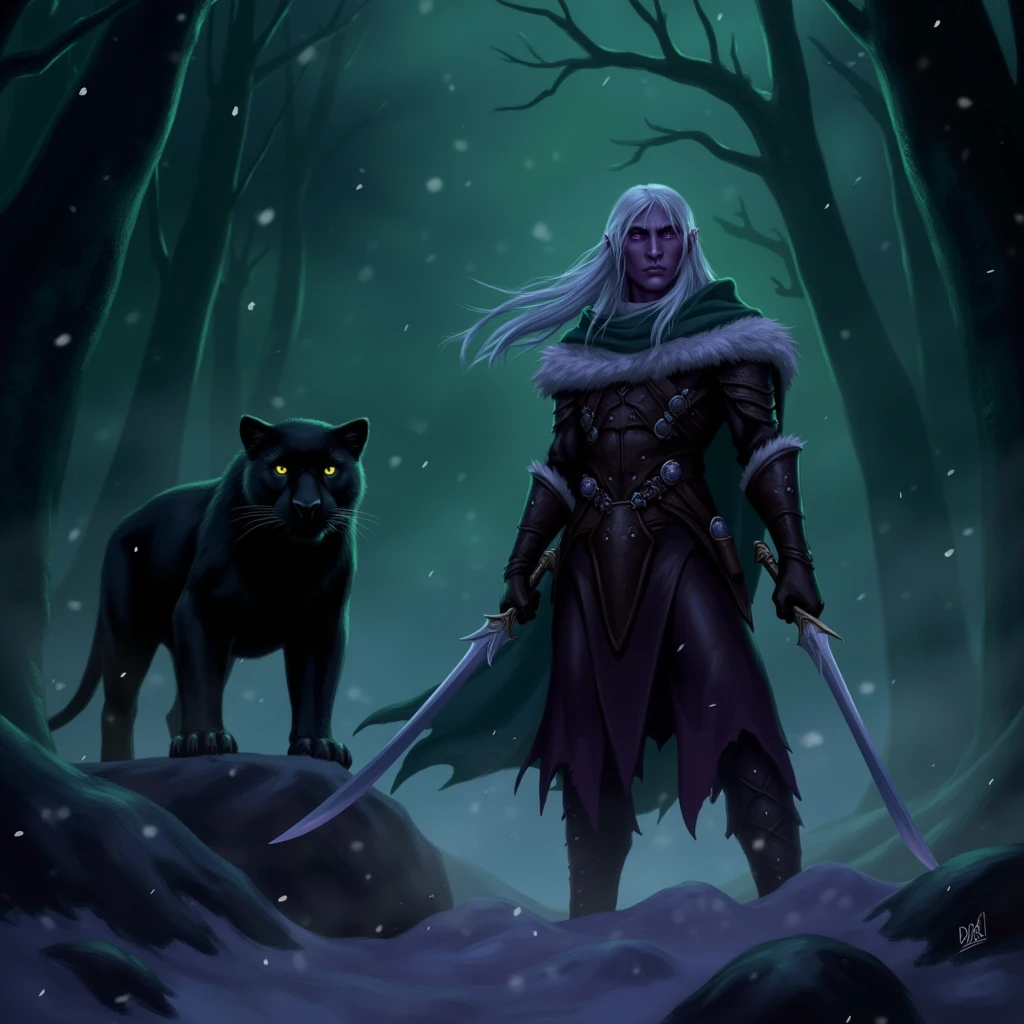 Dr1zzt This is a digital illustration depicting a fantasy scene. The central figure is a elf. The elf is standing under a night sky. The elf holds a pair of long, silver swords in its hands, the blades reflecting the dim, mystical light around it.

Standing to the left of the elf is a large, black panther with glowing yellow eyes, its fur sleek and glossy, suggesting a predatory nature. The panther is positioned in a crouched, alert posture, adding to the sense of danger and tension in the scene.

The background is a dark, misty forest with a faint, ethereal glow emanating from the trees. Snowflakes are gently falling, adding to the mystical and otherworldly atmosphere. The overall color palette is dominated by dark shades of green, purple, and black, with the occasional glimmer of light, enhancing the eerie and magical feel of the illustration. The texture of the illustration is smooth and detailed, with a realistic yet fantastical style.

high resolution, 4k