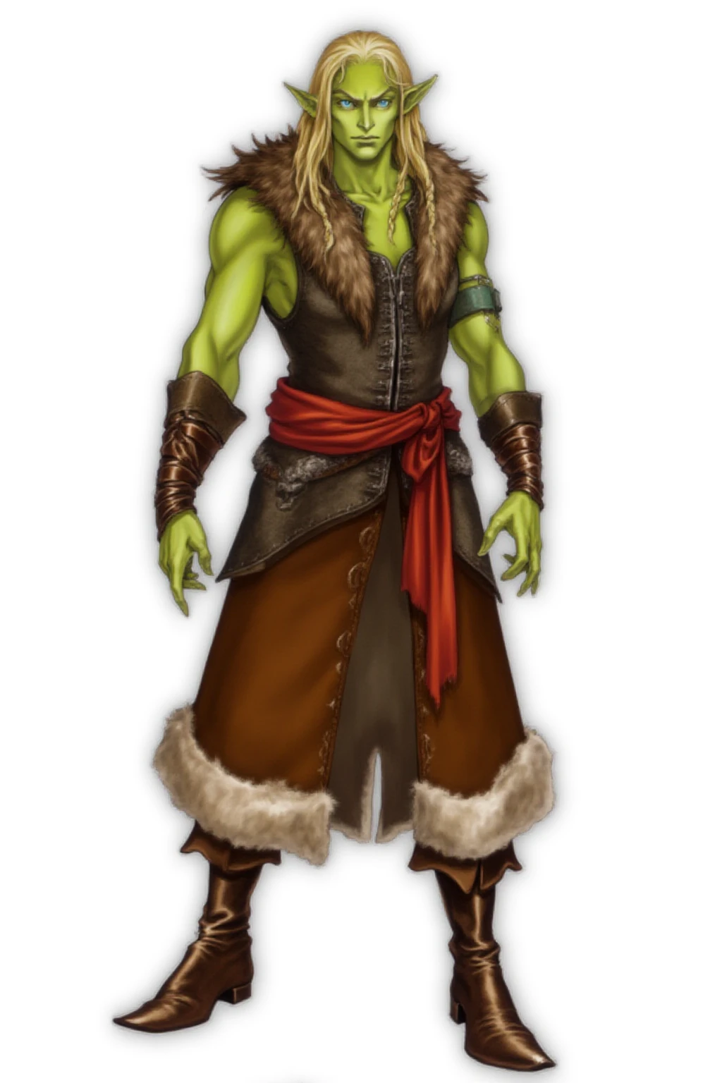 full-body medieval fantasy character of a muscular green skin humanoid female orc,  simple background, white background,  a muscular Barbarian with full fur multi-layer armor, pointed ears,  her eyes are almond-shaped and blue eyes,  she has a rugged, tribal appearance with a long blonde hair styled in braids, and her skin is tanned,    she is wearing a mix of medieval and fantasy-inspired attire,  her attire includes a sleeveless leather armor with metal studs on her tunic and a fur vest on it, a brown leather belt with a red sash,  her lower arms are wrapped in leather straps with metal accents,  brown midi skirt,  and fur-trimmed leggings,  her boots are sturdy and made of leather, with visible straps and buckles,