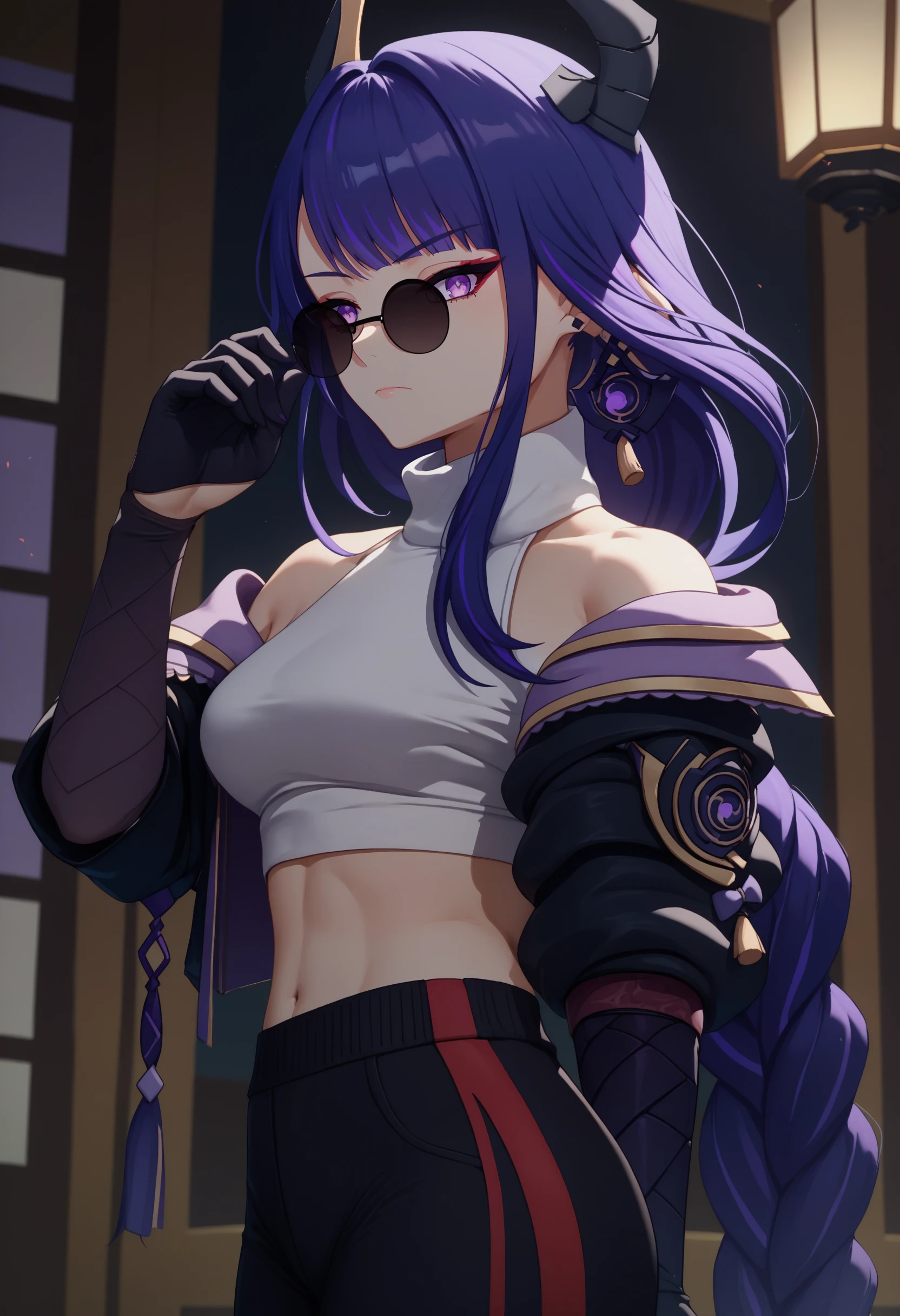 score_9, score_8_up, score_7_up, 1girl, <lora:YaeMikoProgenitor_pdxl_Incrs_v1:1>, solo, medium breasts, earrings, jewelry, headgear, horns, sunglasses, pince-nez, 
looking over eyewear, looking at viewer, closed mouth, standing, cowboy shot,
turtleneck, crop top, bare shoulders, black jacket, cropped jacket, midriff, black gloves, black track pants, raiden shogun,