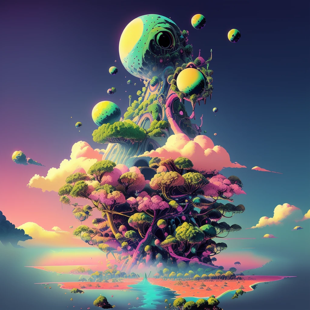 [GlitchHunter], A surreal, vibrant world emerges with floating islands, cosmic spheres, and fantastical structures, bathed in dreamlike hues of pink, blue, and yellow.