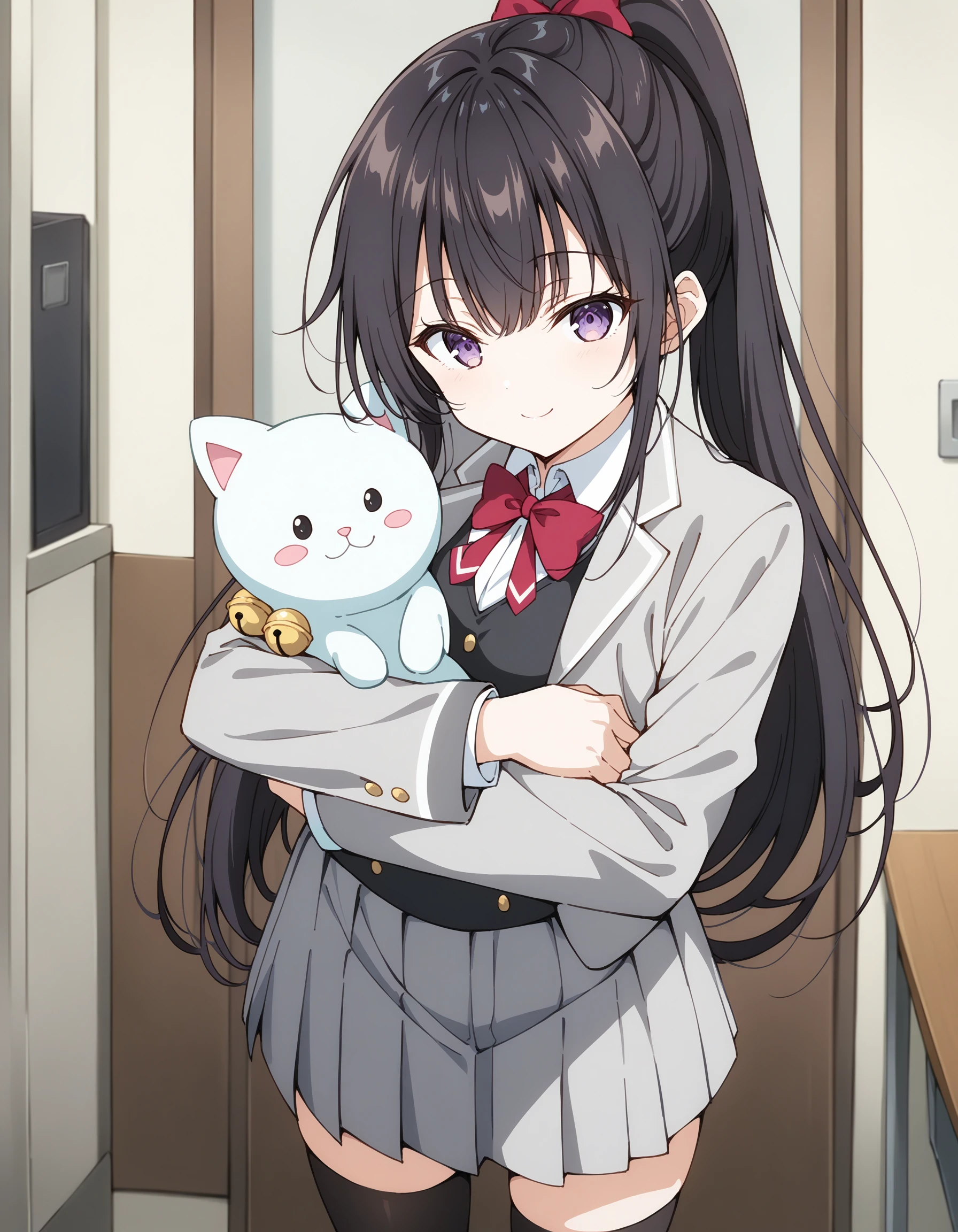 suouyuki_imoto, purple eyes, black hair, long hair, ponytail,
cowboy shot, standing, 
school uniform, grey jacket, open jacket, long sleeves,
red bow, white shirt, collared shirt, black vest, button, black dress, black thighhighs,
hugging object, holding stuffed toy, jingle bell, stuffed cat toy,
looking at viewer, indoors, smile face,
best quality, masterpiece,
<lora:hinaYukiSuou_pony_sdxl_wifu_v3-rev12:0.9>