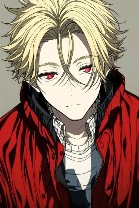 masterpiece, best quality, high quality, 1boy, solo, male focus, looking at viewer, upper body, <lora:king_of_despair:0.72>, king_of_despair, red eyes, blonde hair, hair between eyes, realistic, jacket