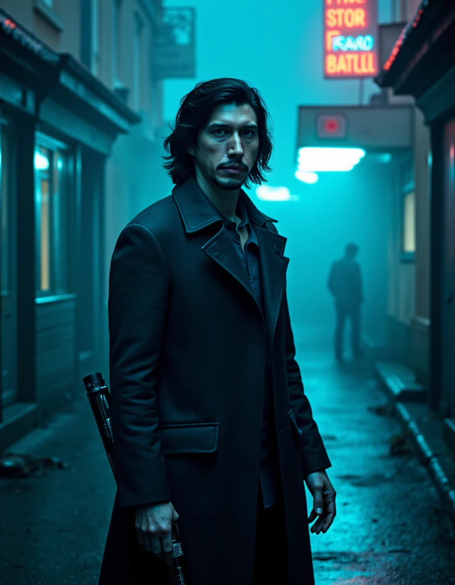 Movie poster with the title "ADAM DRIVER" . <lora:AdamDriver_FLUX:1> Adam Driver stands in a dystopian cityscape, his face half-lit by a cold blue neon light, casting harsh shadows on his rugged, pale skin. His dark, intense eyes convey a mix of determination and fear. He wears a tattered, dark trench coat and holds a glowing, futuristic weapon. The background is a bleak, rain-soaked alley with flickering neon signs and steam rising from the ground. The scene is filmed in a style reminiscent of Christopher Nolan, with high contrast, desaturated colors, and a gritty, realistic texture. Film grain adds to the gritty atmosphere, and the color grading emphasizes the cold, desolate mood.