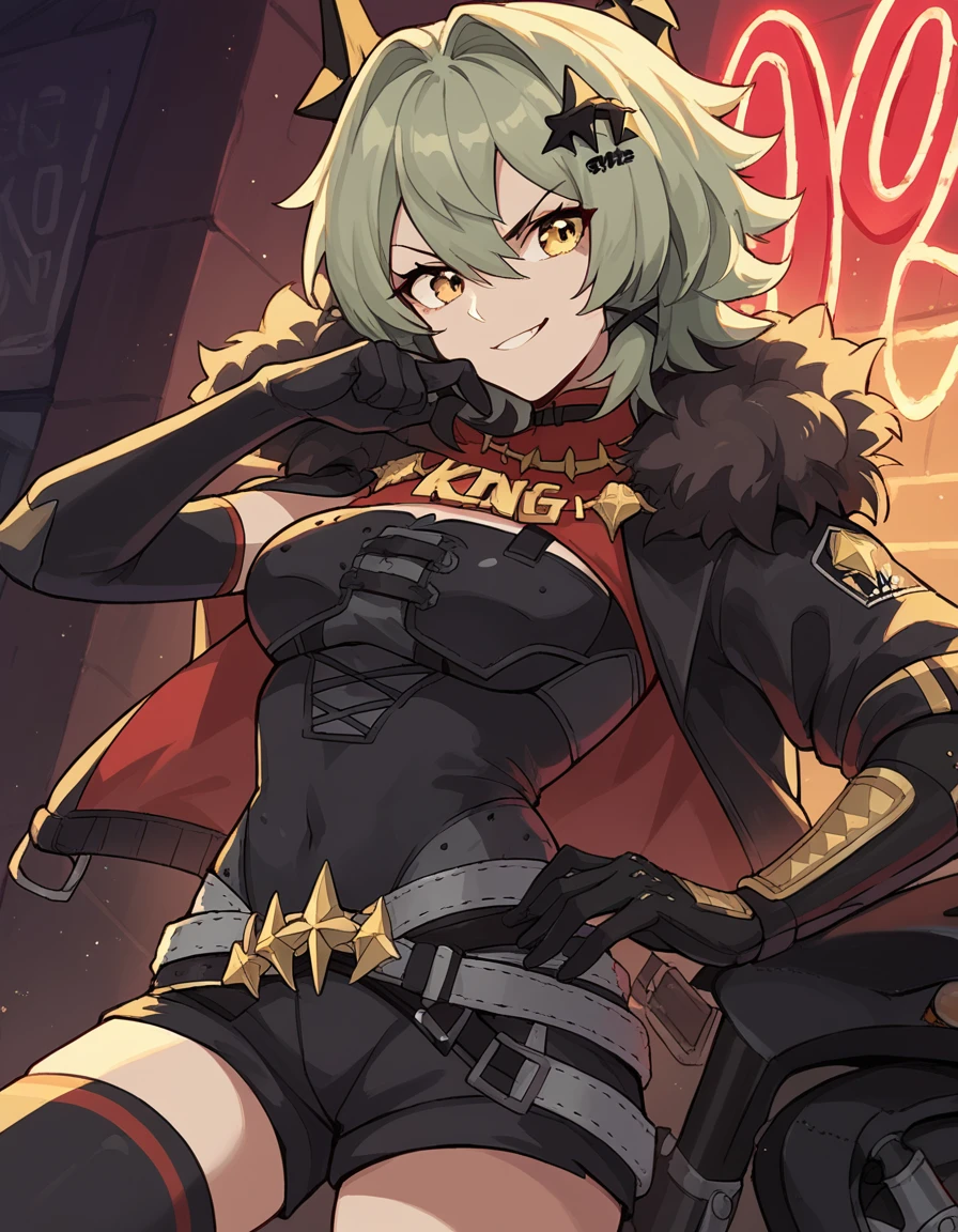score_9, score_8_up, score_7_up, source_anime, <lora:caesar-king-ponyxl-lora-nochekaiser:1>, caesar king, green hair, short hair, hair between eyes, sidelocks , yellow eyes, confident, hair intakes, v-shaped eyebrows, happy, black gloves, black shorts, black shirt, black thighhighs, gloves, black skirt, grey belt, fur-trimmed jacket, elbow gloves, fur trim, hair ornament, open jacket, emblem, black horns, , biker hideout, dusty bar, neon signs flickering, cowboy shot, dutch angle, hand on shoulder, knee up