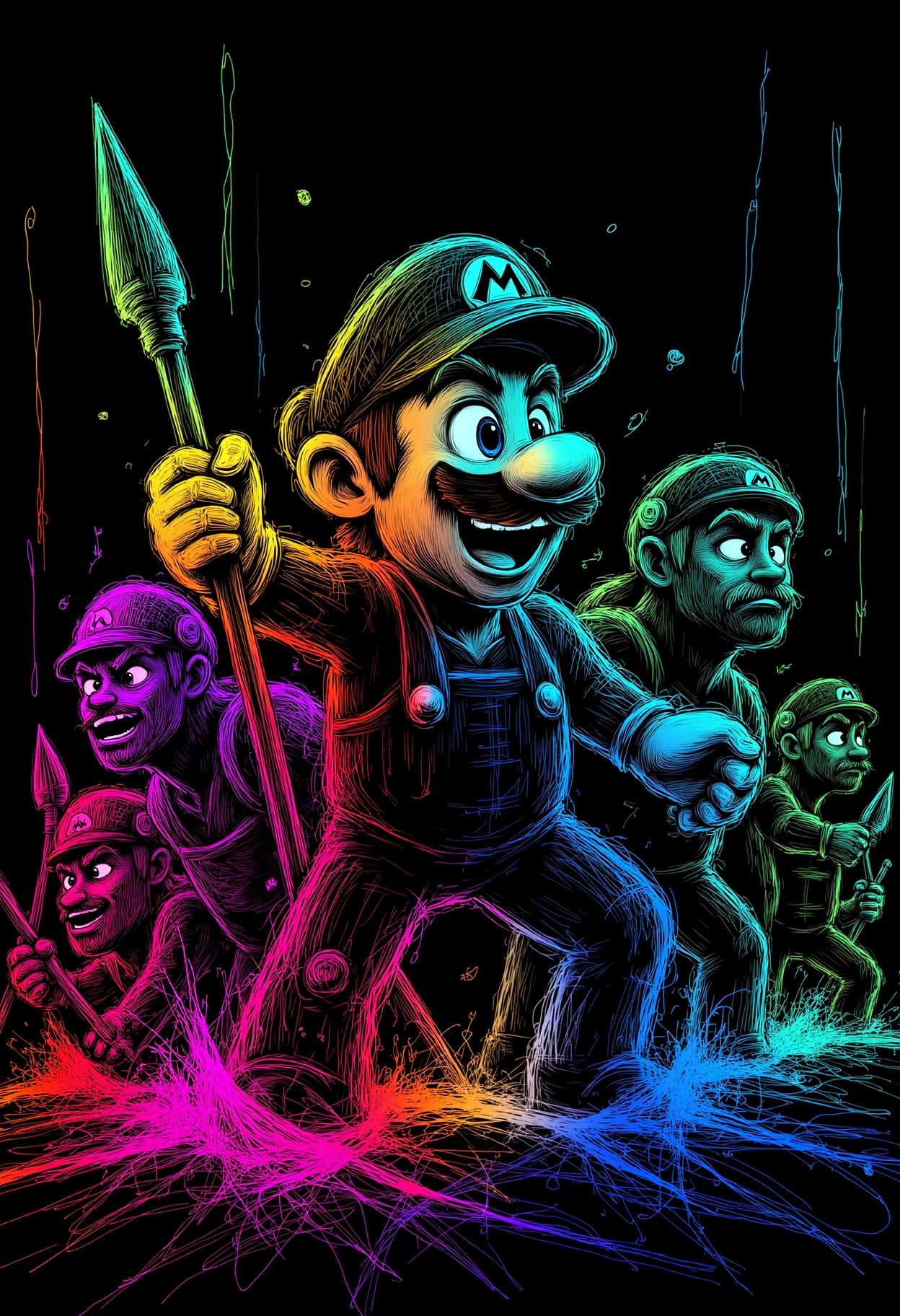 neon line art, black background, detailed drawing,a long shot of Mario bros is in a shouting pose with a spear, angled right surrounded by 2 allies on his left and right, scene at twilight with heavy rain pouring down, reflecting off the surfaces and objects, creating a dramatic and epic ambiance, relive the greatest battle in history, in the style of cinematic stills, pantonepunk, irony, hellenistic art, colorized, strong facial expression, lucid developments of his subjects