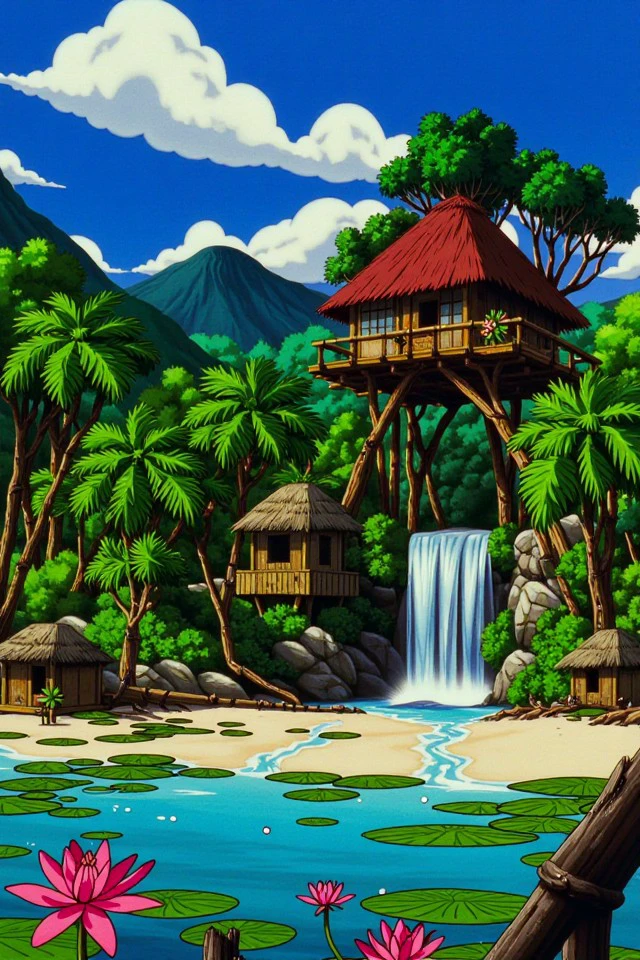 masterpiece, realistic lighting, vivid color, ultra sharp, score_9, score_8_up, score_7_up, score_6_up, score_5_up, score_4_up, source_anime, realistic illustration, intricate details, hyperdetailed, extremely sharp, 4k, Kairunoburogu, by neocoill, Ink illustration, Ink illustration, a tree house, rustic, stilt house, on a beautiful tropical beach, surrounded by mountains, waterfalls, flagstone floor, wood, palm trees, streams, water lilies, natural pools, vibrant color palette, sunrise, hissing clouds